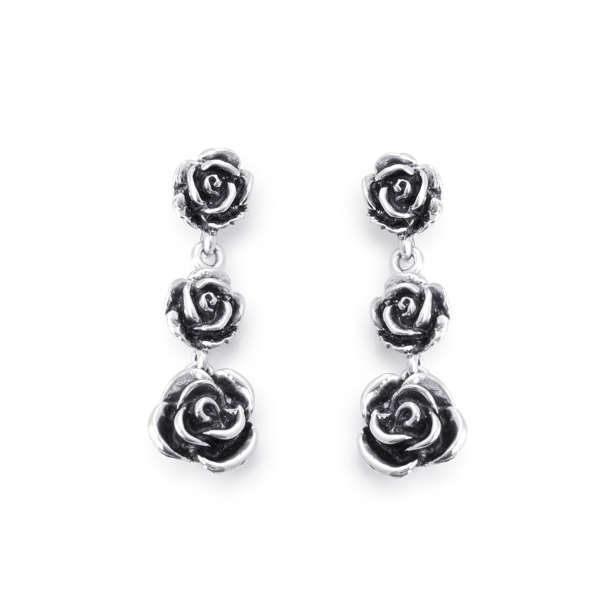Triple Rose Drop Earrings in Sterling Silver, 32mm