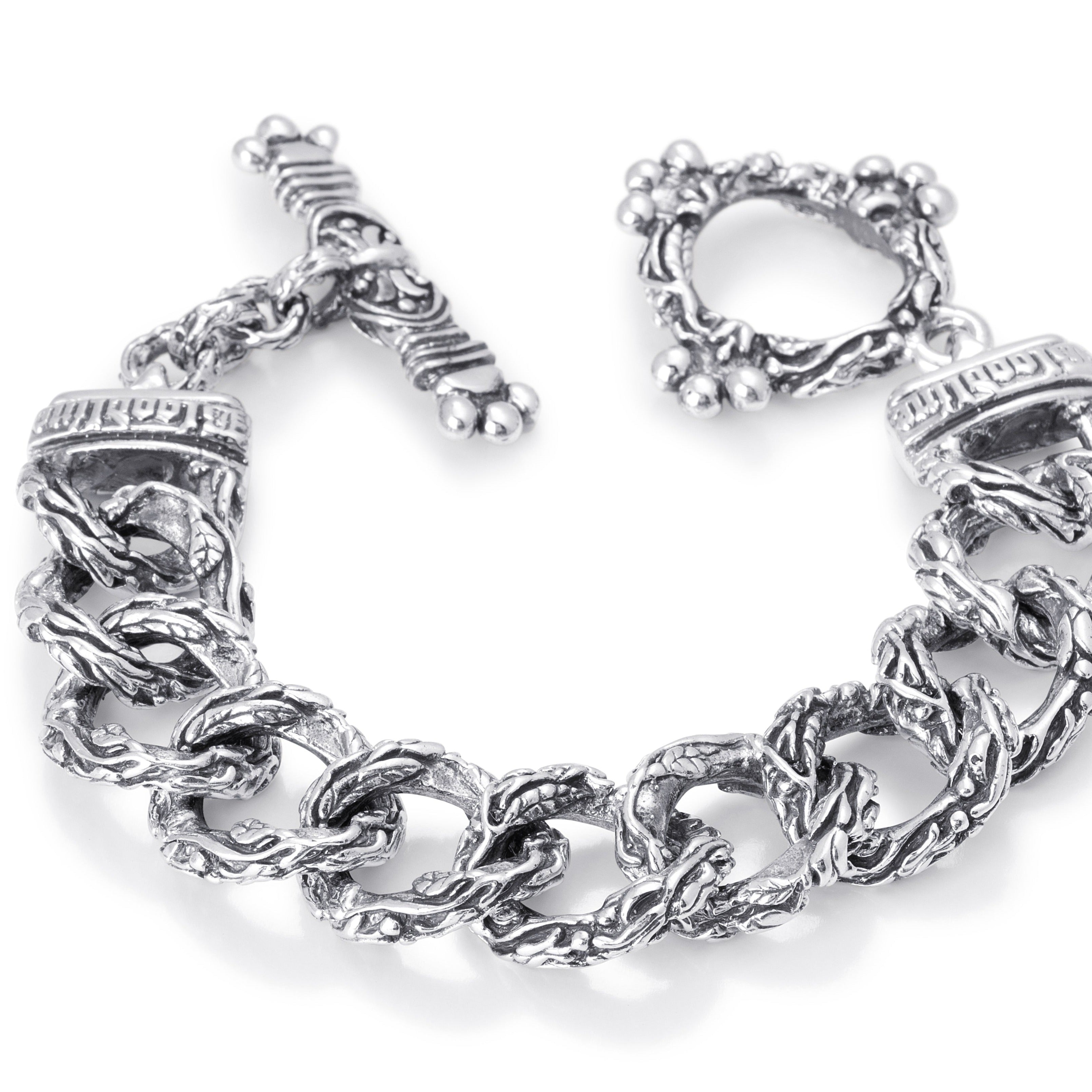 Ornate Eternal Vine Curb Link Chain Bracelet in Sterling Silver with a toggle clasp, by Bloodline Design