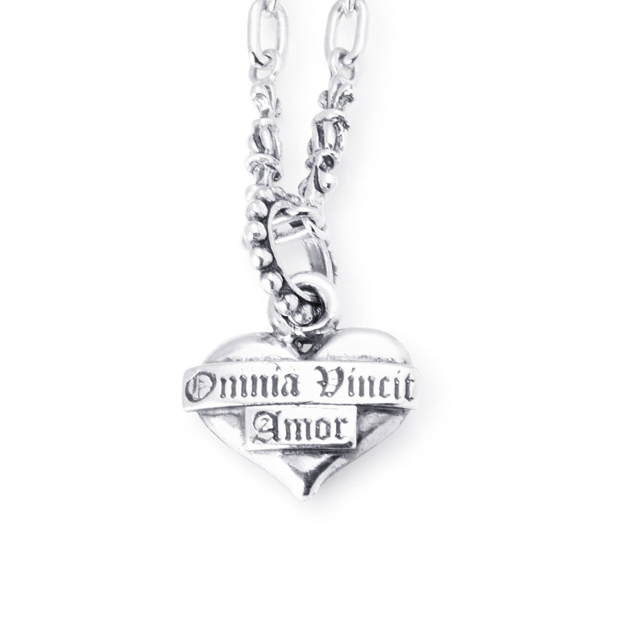 Solid Sterling Silver Classic Heart Pendant with Omnia Vincit Amor etched on the face