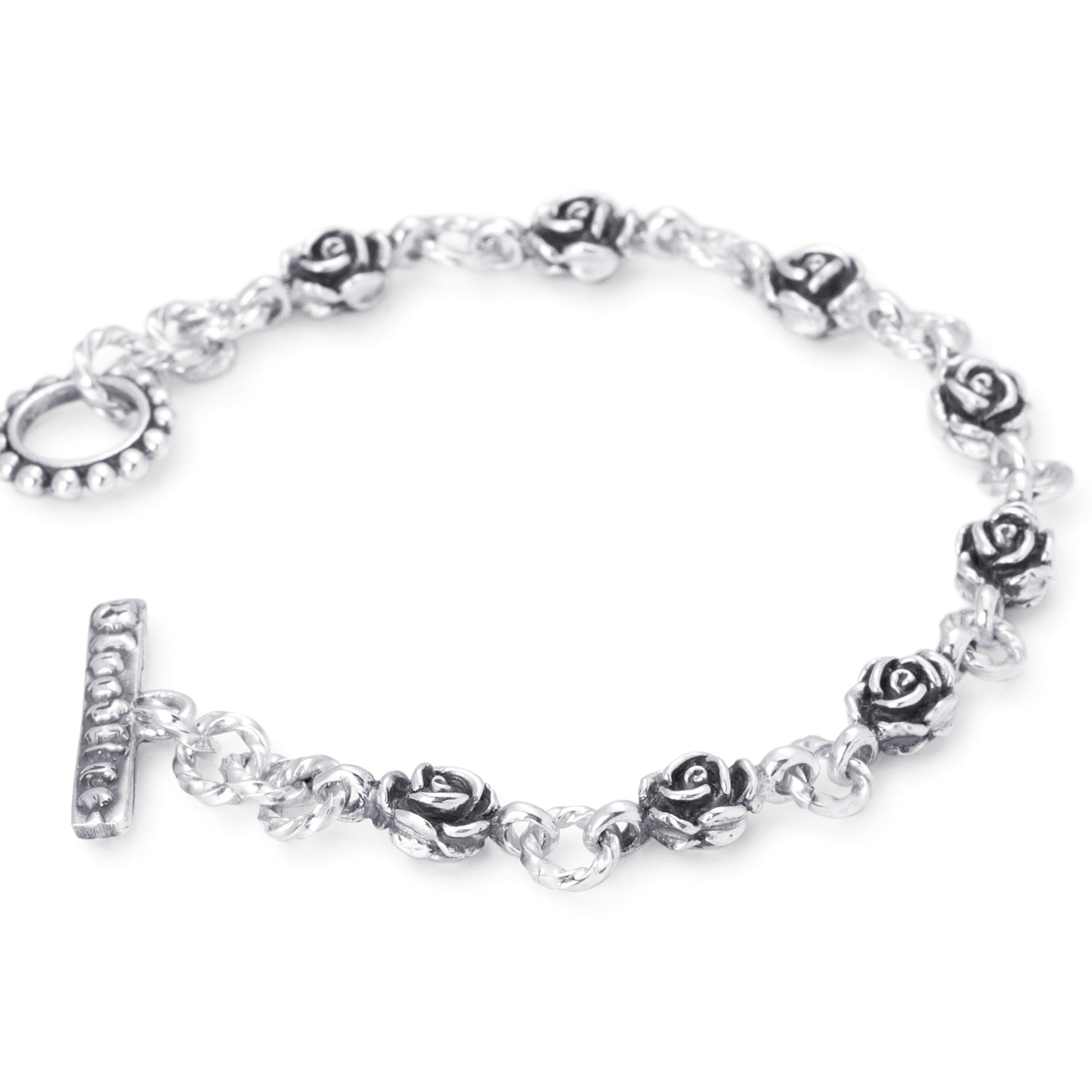 Solid Sterling Silver rose linked bracelet with Toggle clasp