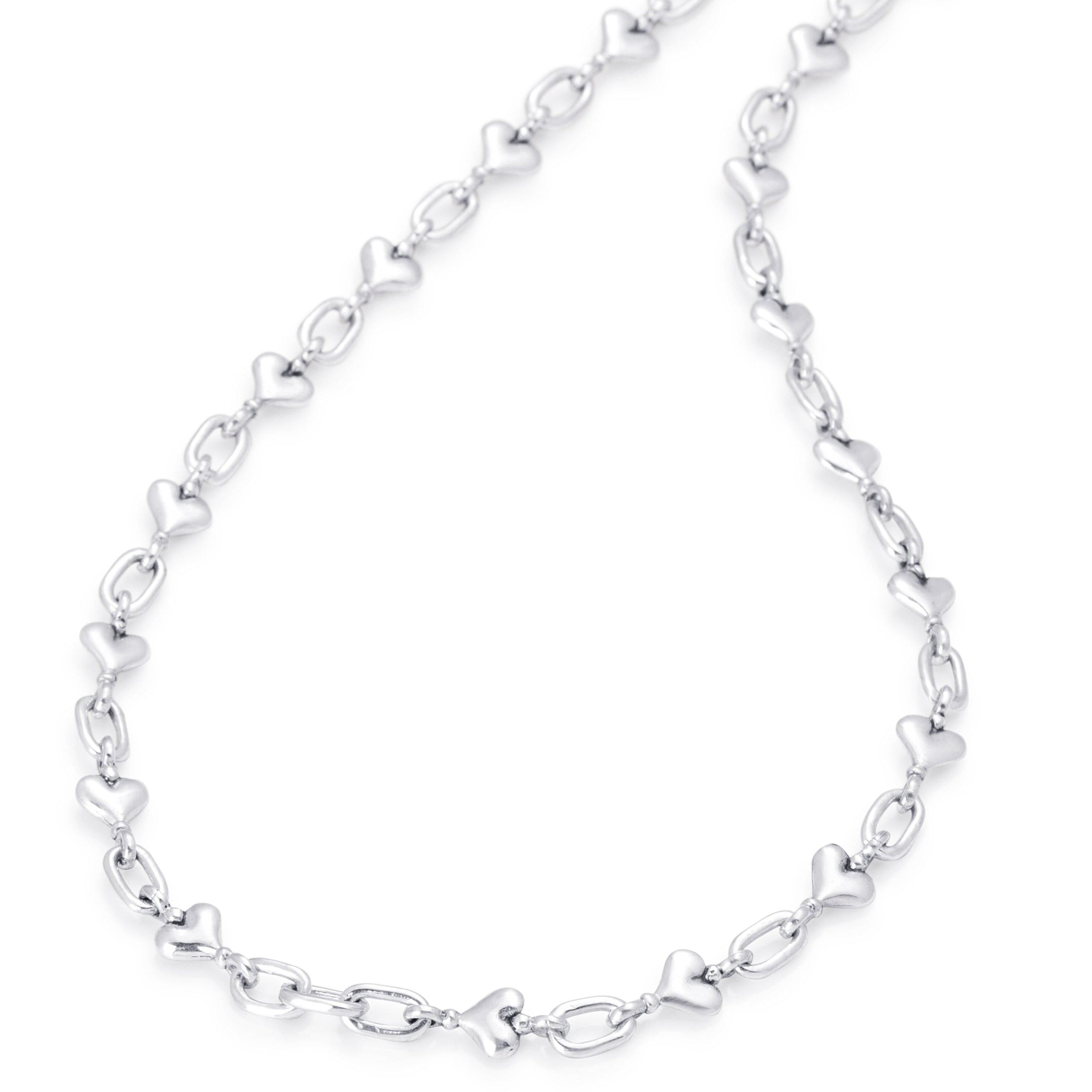 Solid Sterling Silver small heart links joined with classic open links, T-toggle clasp 