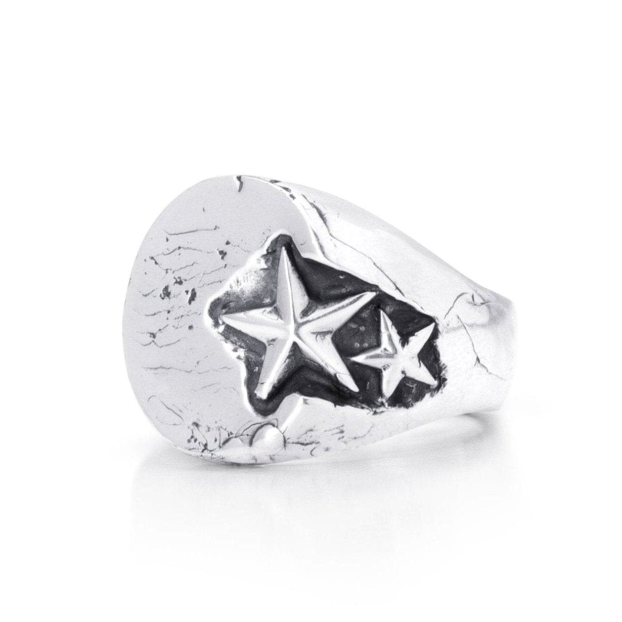 Angle shot of Large Forged Rising Star Signet Ring In Sterling Silver