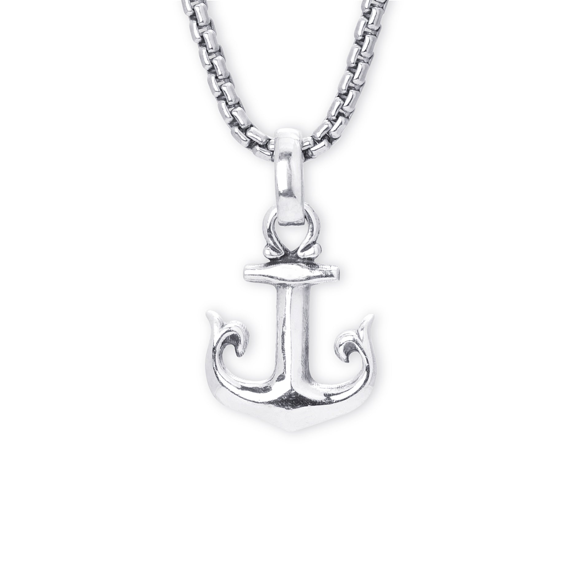 A silver anchor pendant necklace on a matching silver box chain, shown against a plain white background.