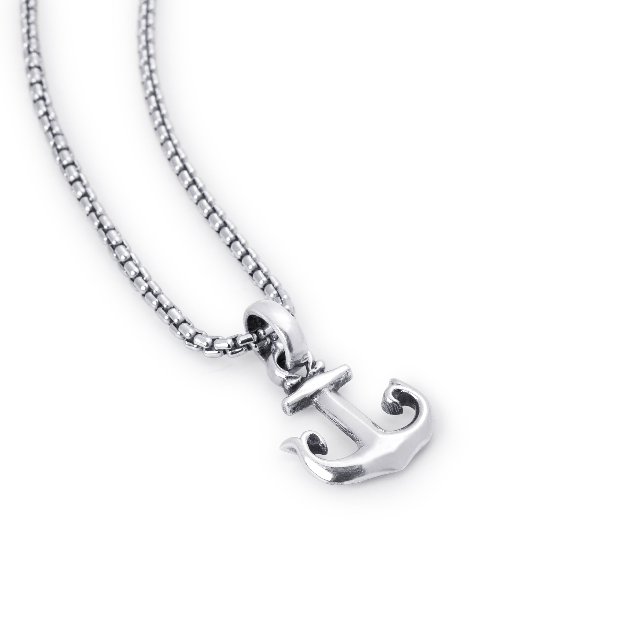 A silver anchor pendant necklace on a matching silver box chain, shown against a plain white background.