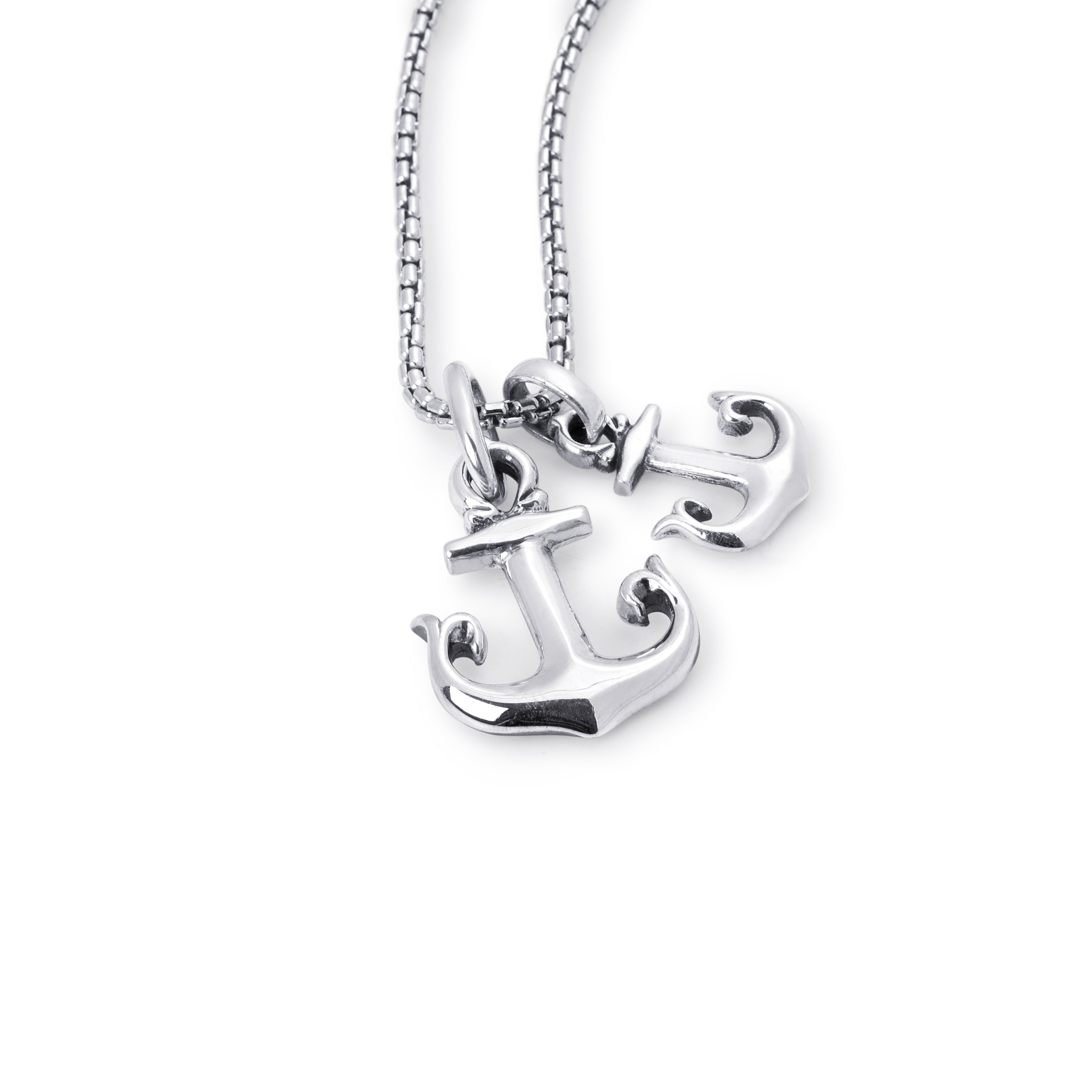 A silver anchor pendant necklace with a matching box chain, shown against a plain white background.