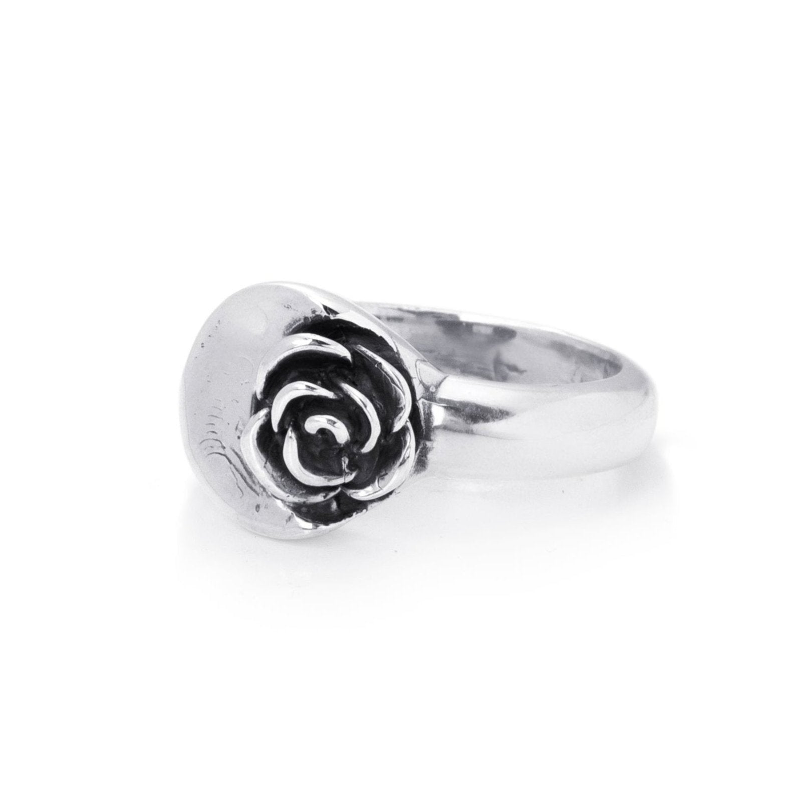 side view of the Small Forged Rose Signet Ring in Sterling Silver