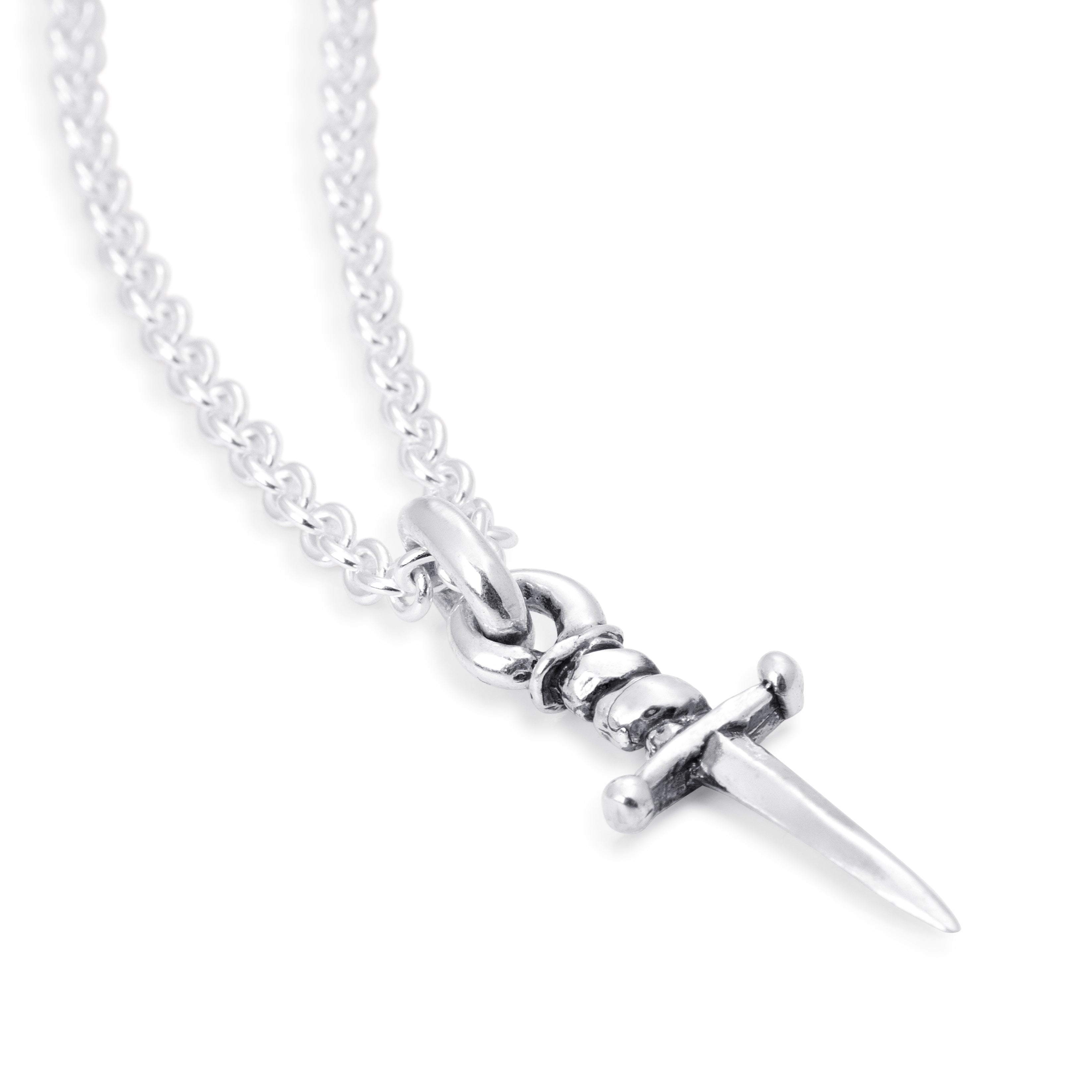 Solid Sterling Silver dagger hanging on a chain