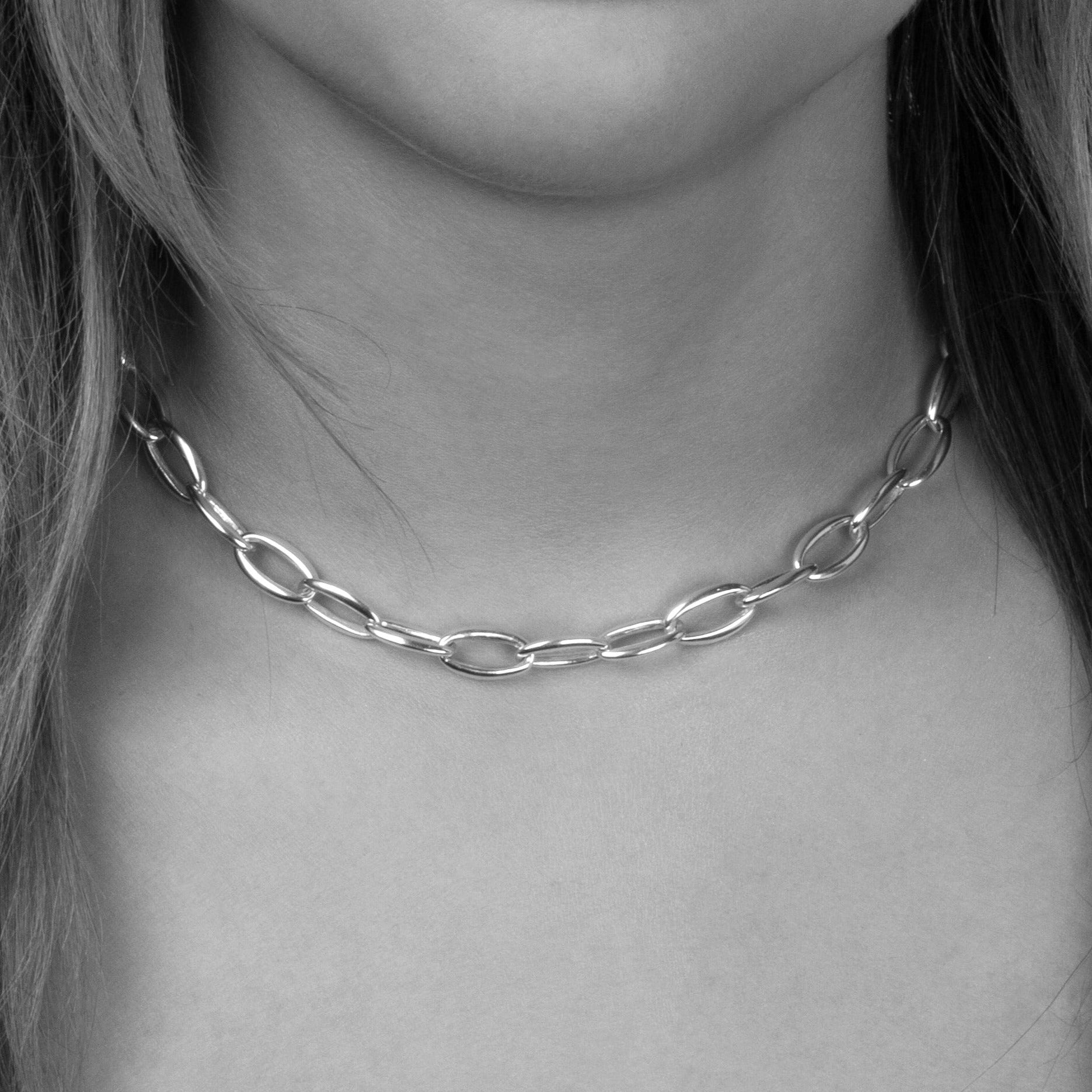 Bloodline Design W-Necklaces The Manhattan Link Necklace Shown on a model