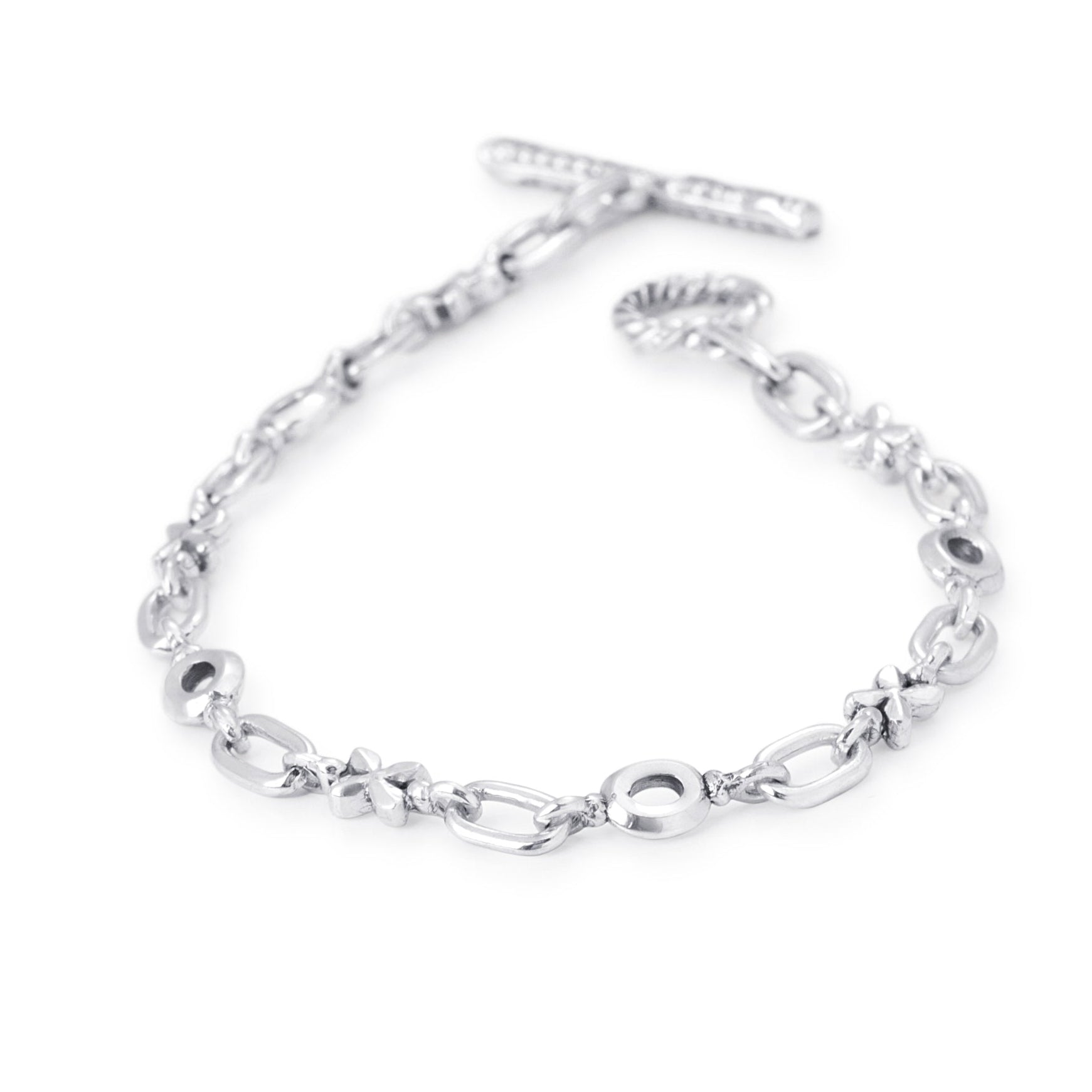 Solid Sterling Silver small X and O link Bracelet joined with classic open links, T-toggle clasp