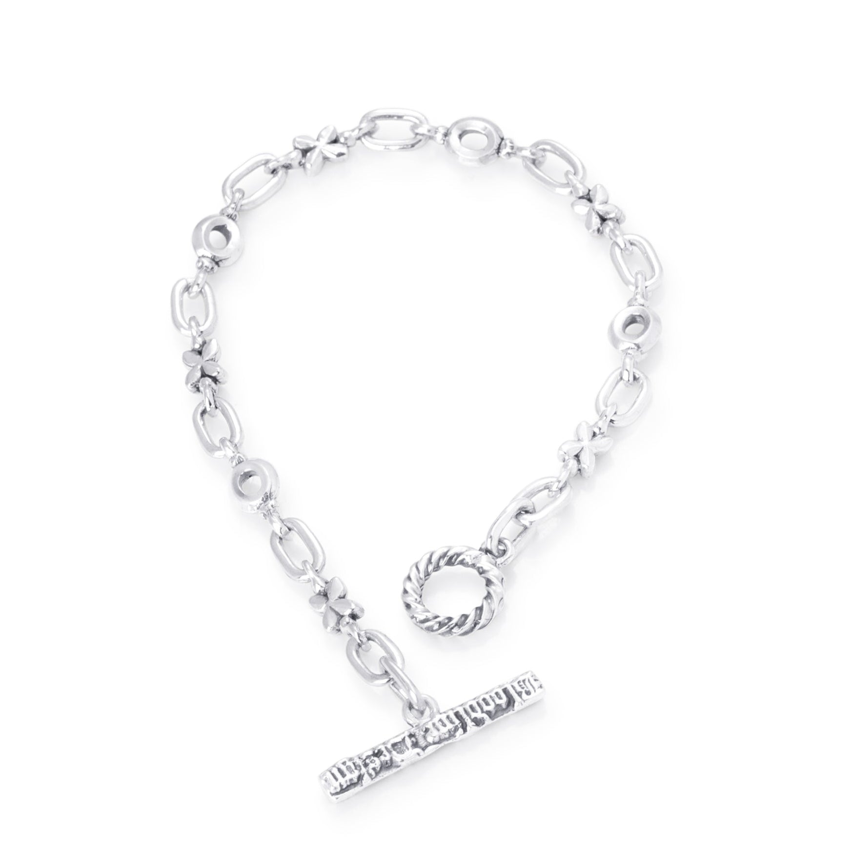 Solid Sterling Silver small X and O link Bracelet joined with classic open links, T-toggle clasp