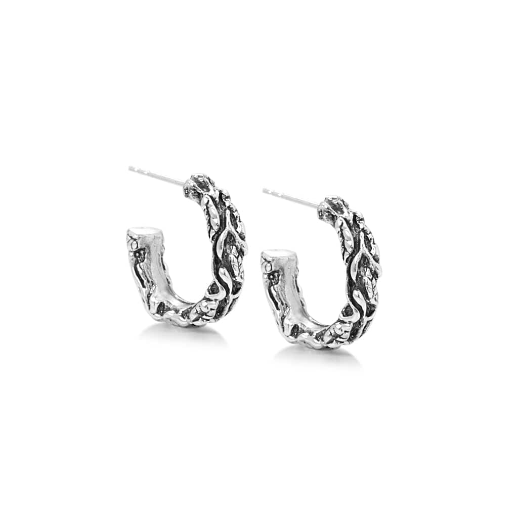 Thick small solid sterling silver hoop stud with vine texture.