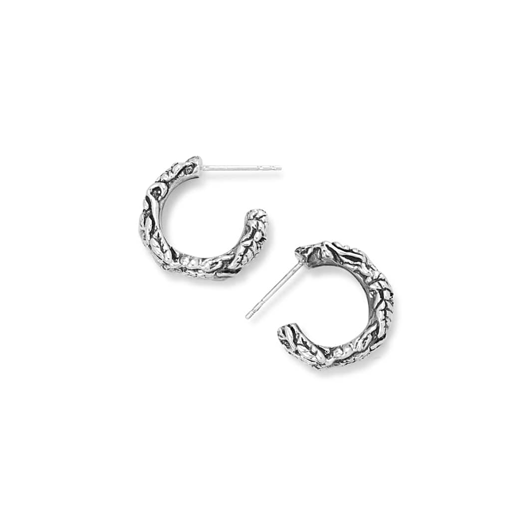 Thick small solid sterling silver hoop stud with vine texture.