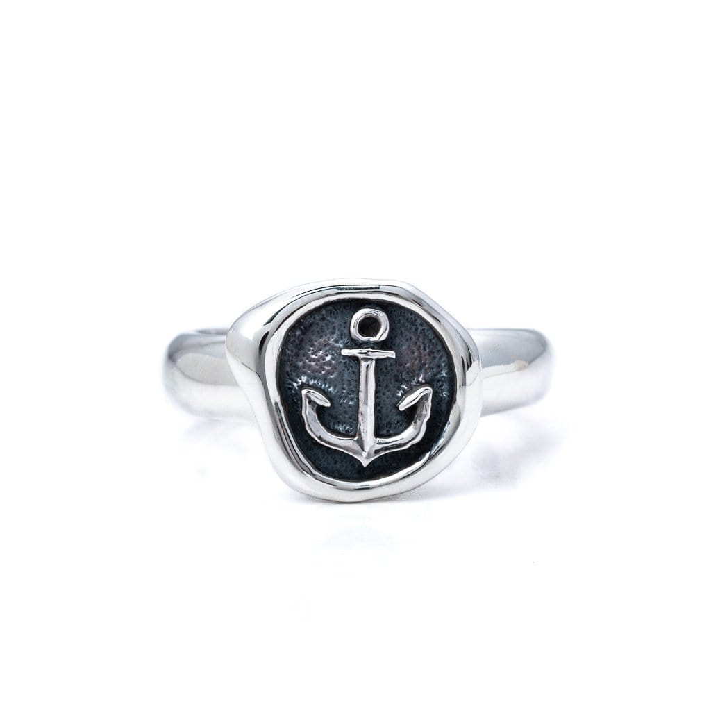 Solid Sterling Silver Ring Wax stamp head with Anchor, front view
