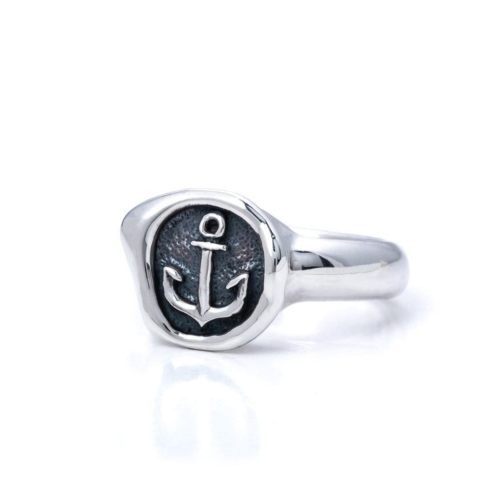 Solid Sterling Silver Ring Wax stamp head with Anchor, side view