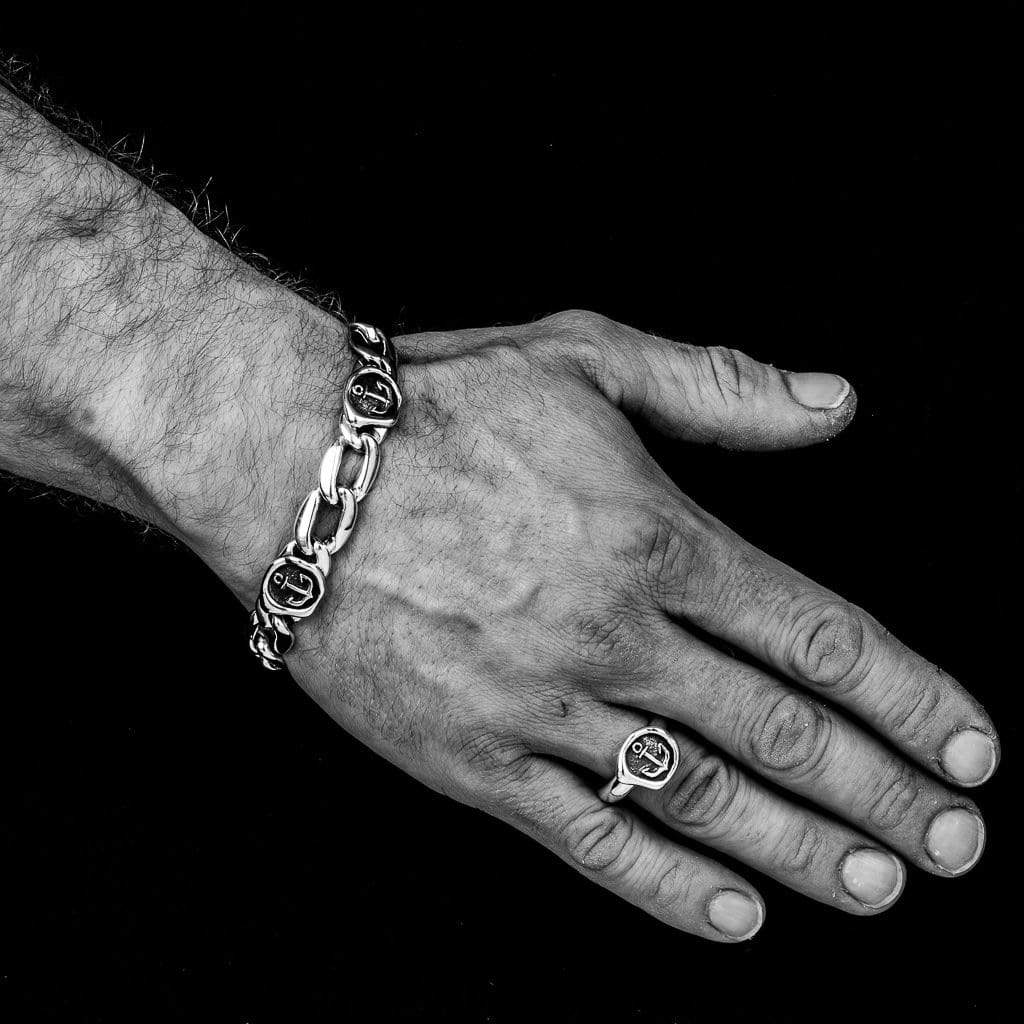 Solid Sterling Silver Ring Wax stamp head with Anchor, on a male model hand