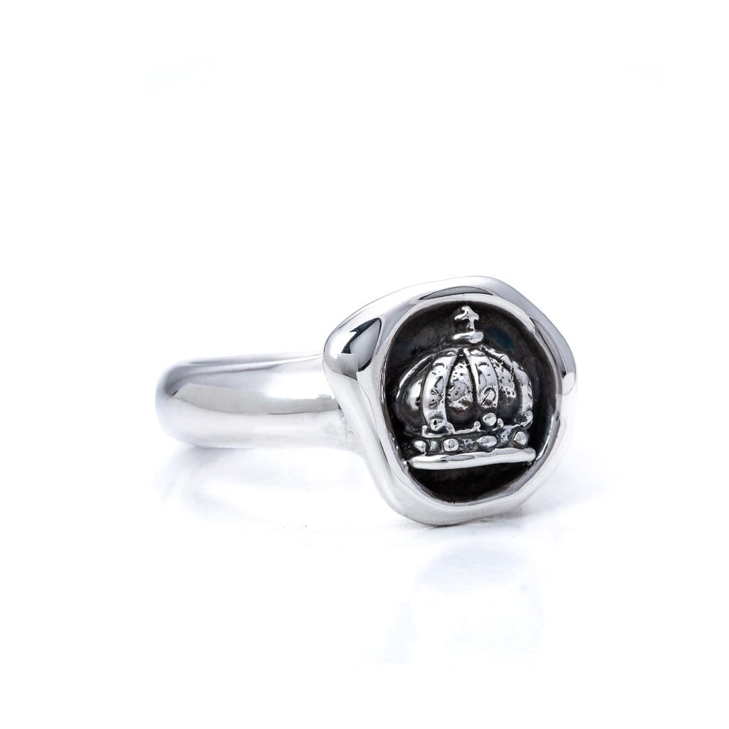 Solid Sterling Silver Ring Wax stamp head with Crown, side view