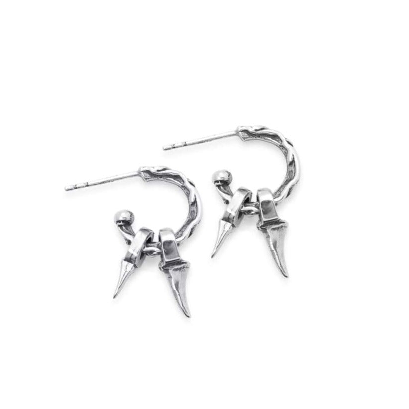 Vine textured solid sterling silver hoop stud with hanging double thorn charms.