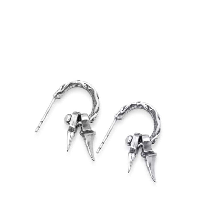 Vine textured solid sterling silver hoop stud with hanging double thorn charms.