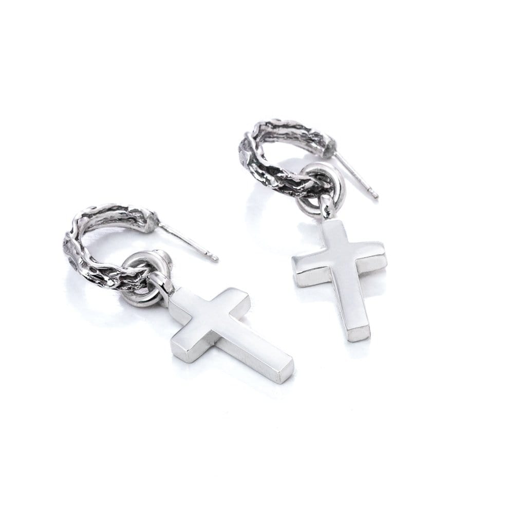 Vine textured solid sterling silver hoop stud with hanging silver cross.