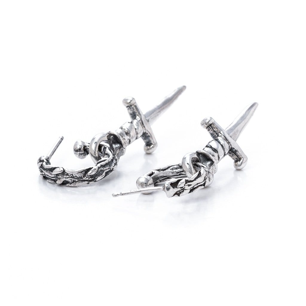 Vine textured solid sterling silver hoop stud with hanging silver daggers.