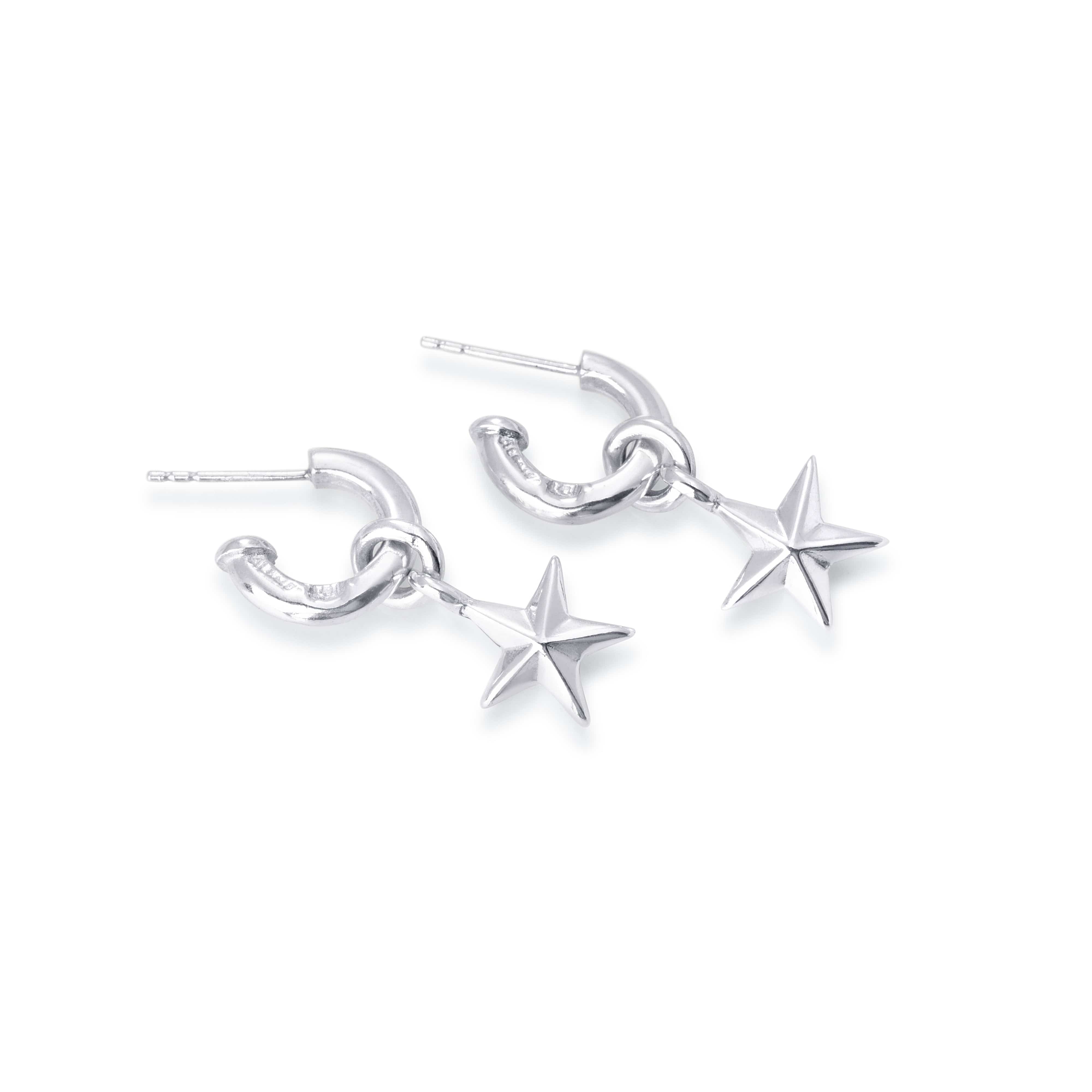 Solid sterling silver hoop stud with hanging star charm.