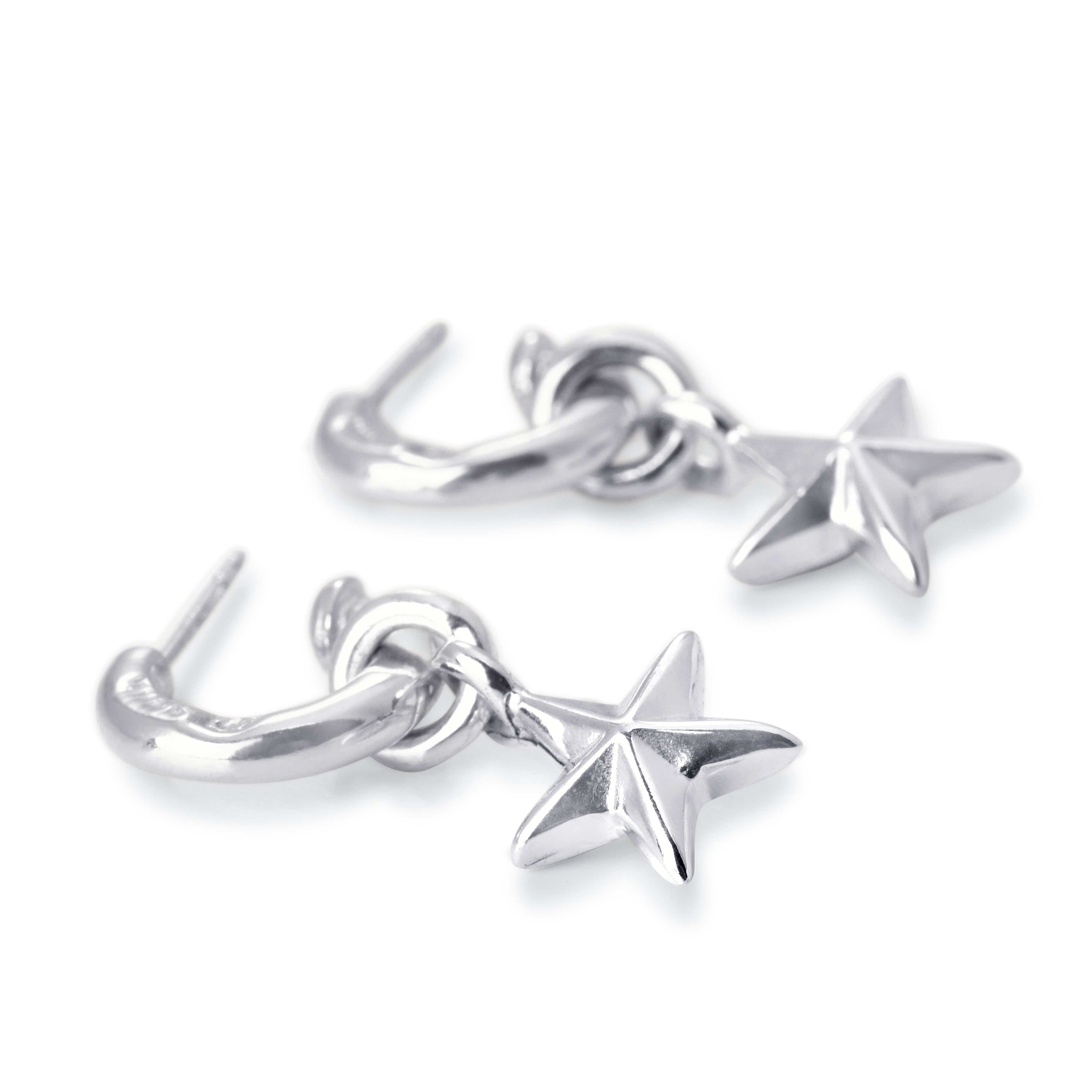 Solid sterling silver hoop stud with hanging star charm.
