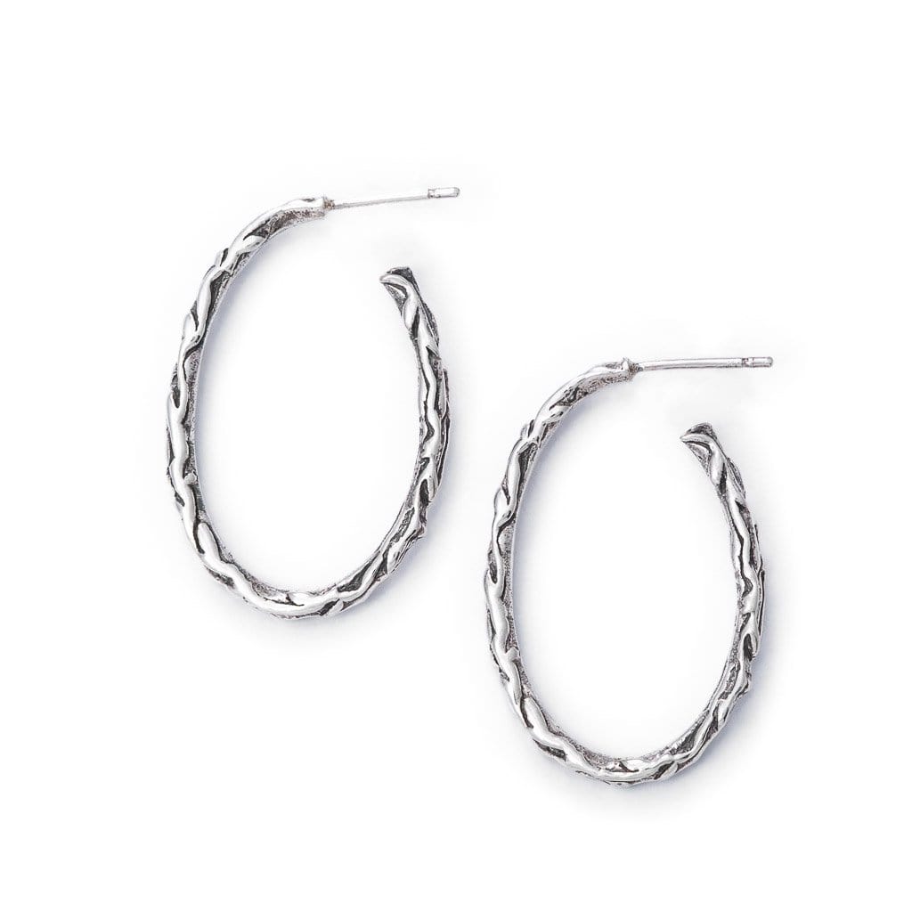 Medium sized oval shaped Solid sterling silver hoop stud with vine texture.