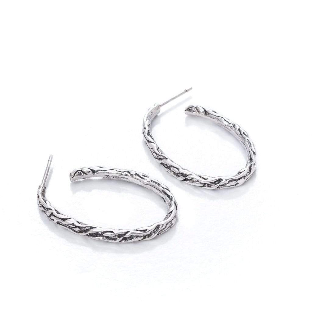 Medium sized oval shaped Solid sterling silver hoop stud with vine texture.