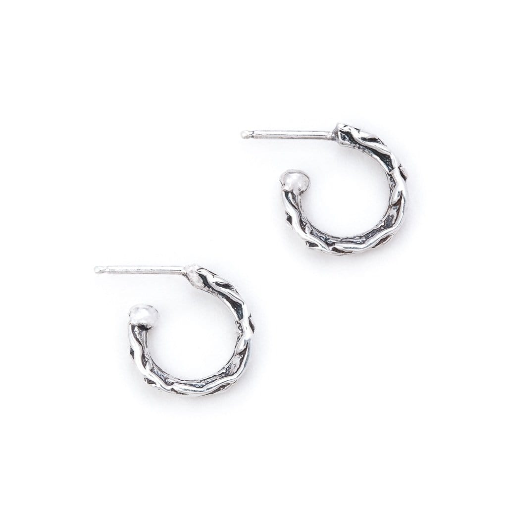 Small Solid sterling silver hoop stud with vine texture.