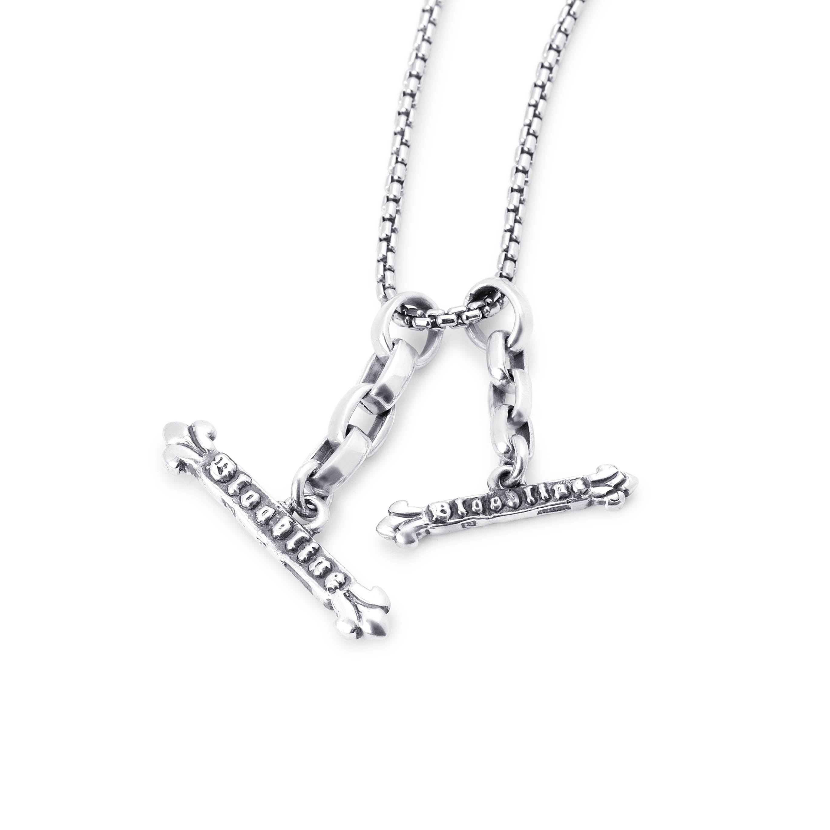 A silver necklace with a box chain and a pendant featuring three interlocking T-bar style clasps, each engraved with the word 'BLOODLINE', shown on a plain white background.