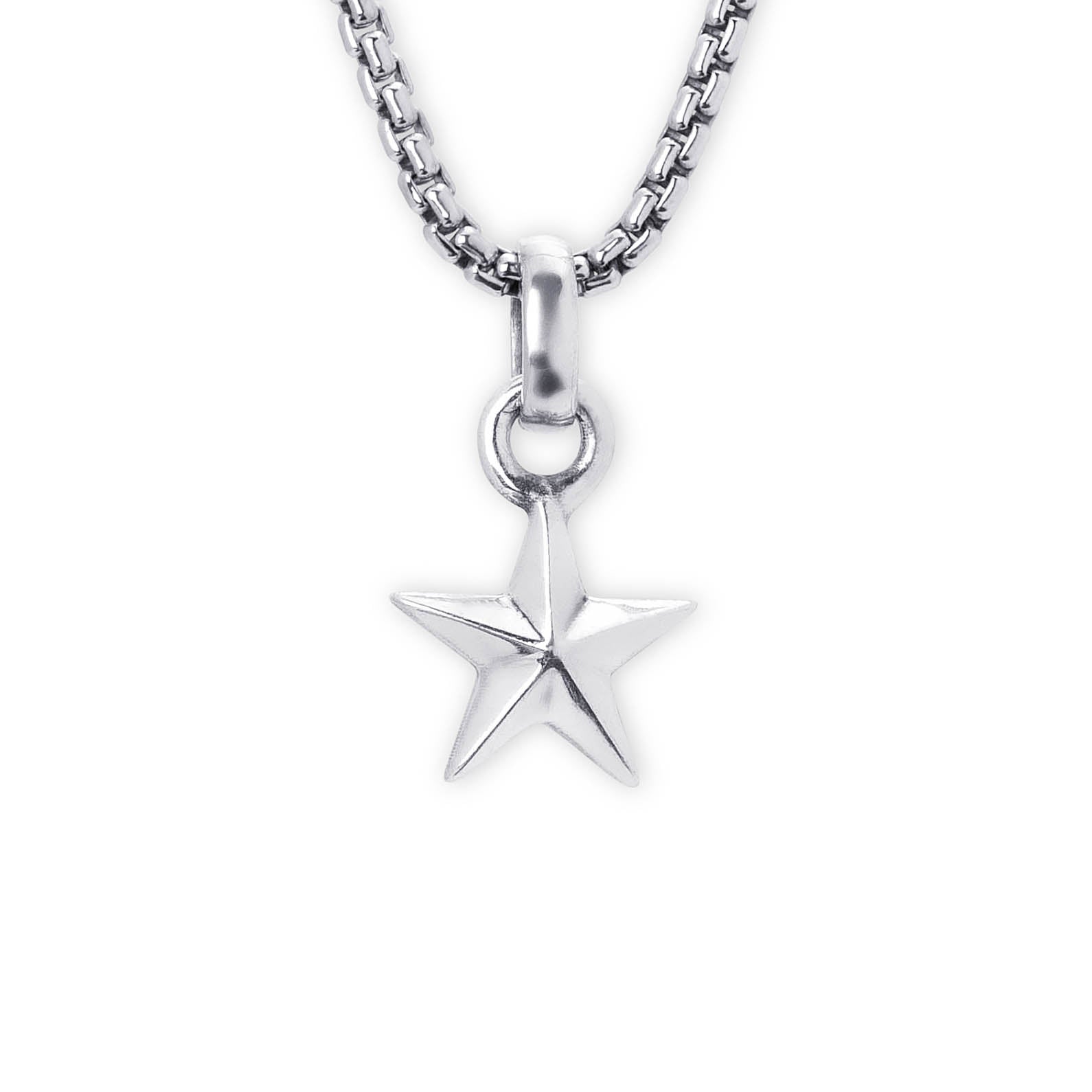 A silver star-shaped pendant necklace on a matching silver box chain, shown against a plain white background.