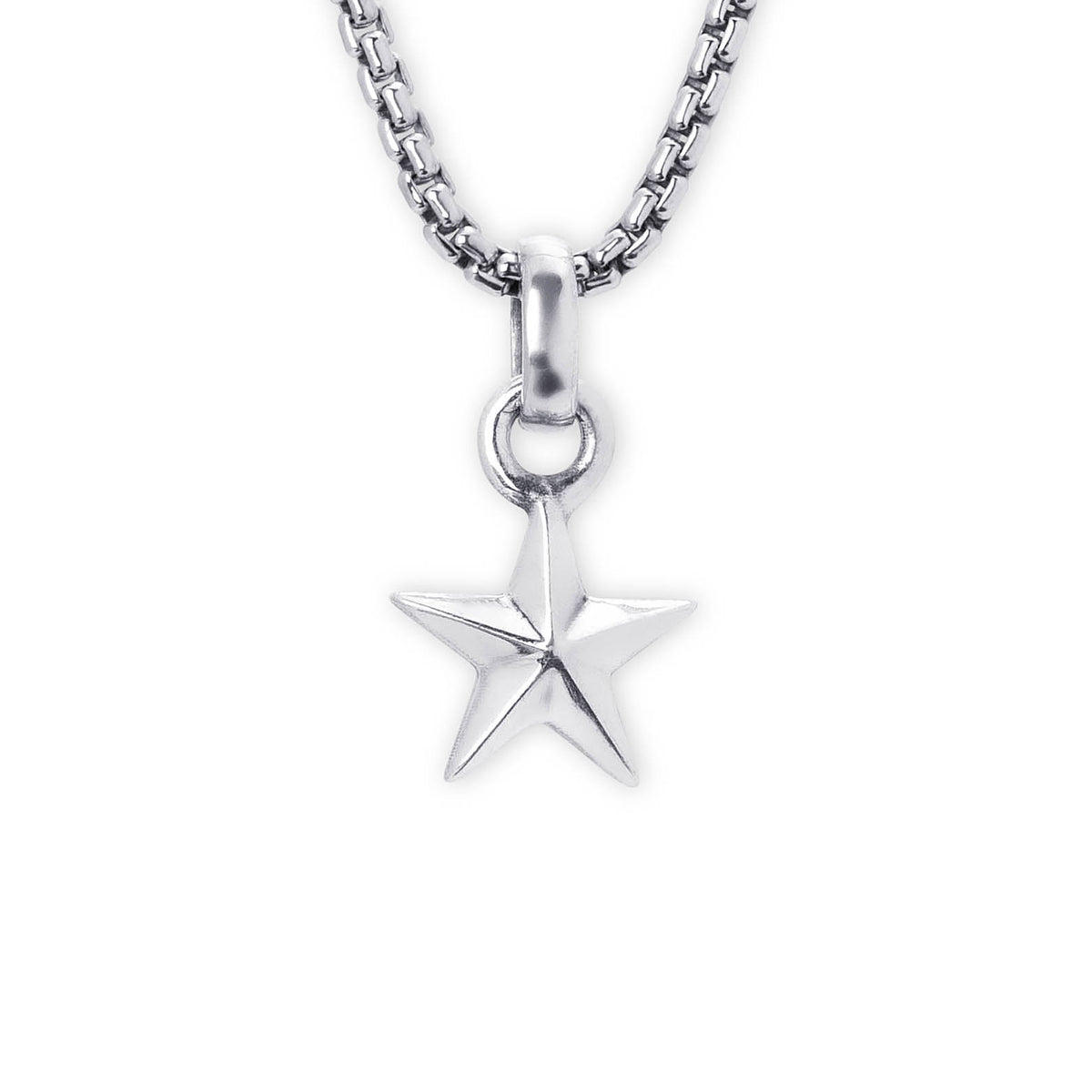 A silver star-shaped pendant necklace on a matching silver box chain, shown against a plain white background.