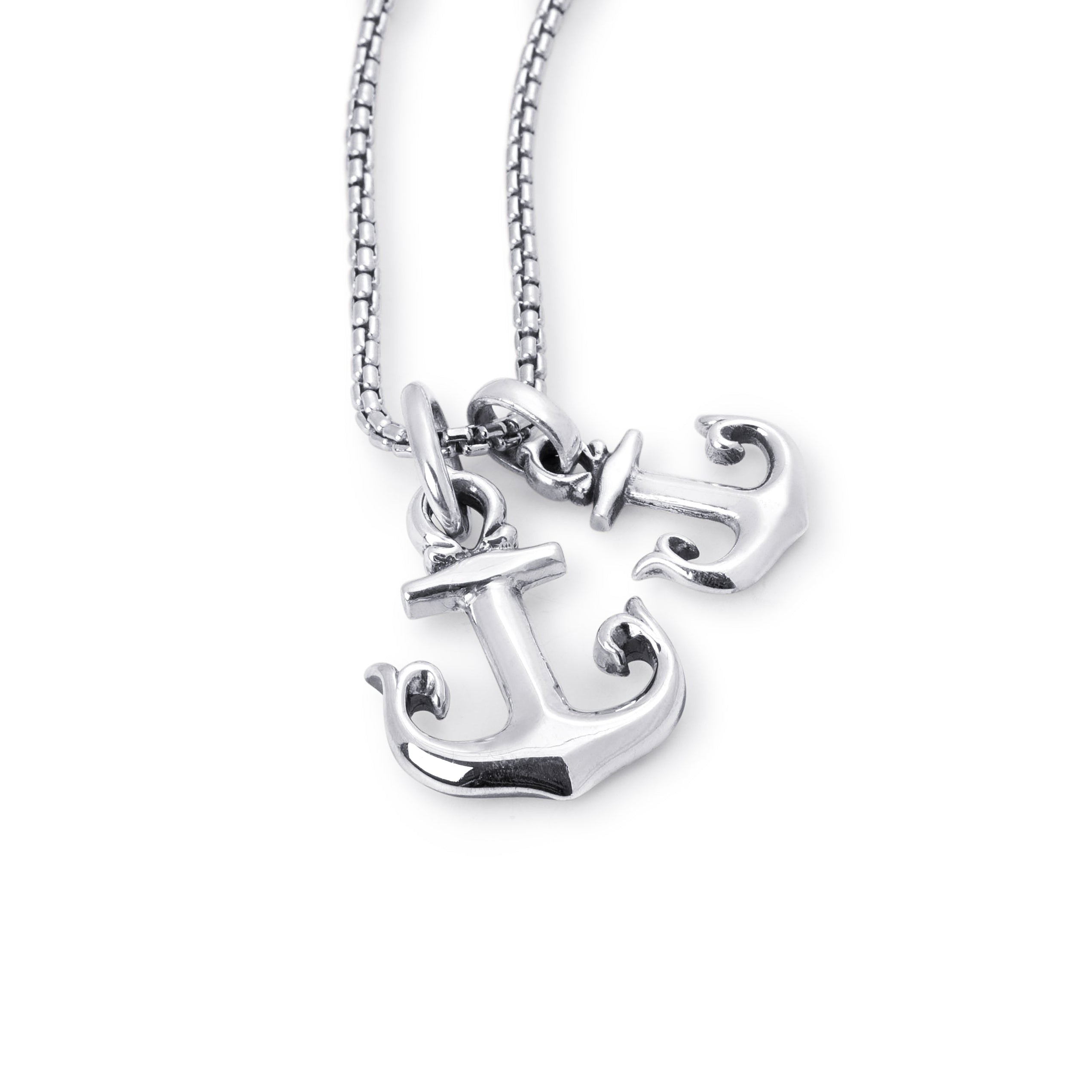 A silver anchor pendant necklace with a matching box chain, shown against a plain white background.