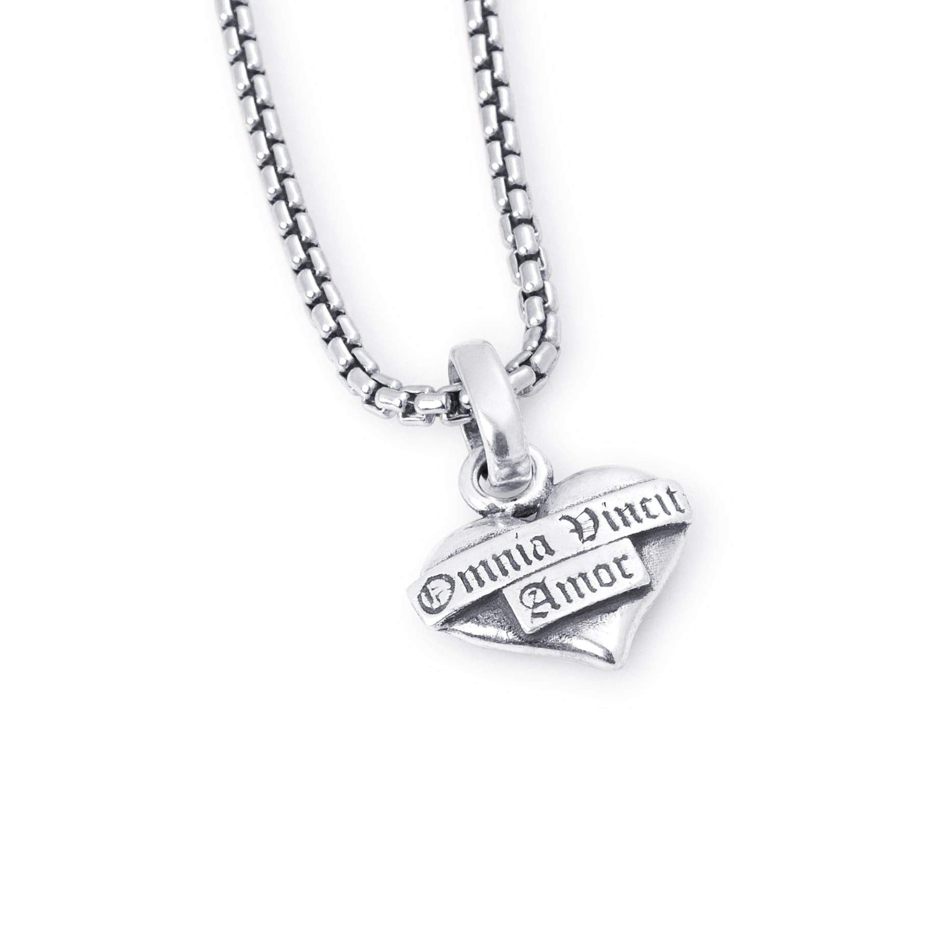 Small Omnia Vincit Amor Heart Sterling Silver Pendant - 11mm
