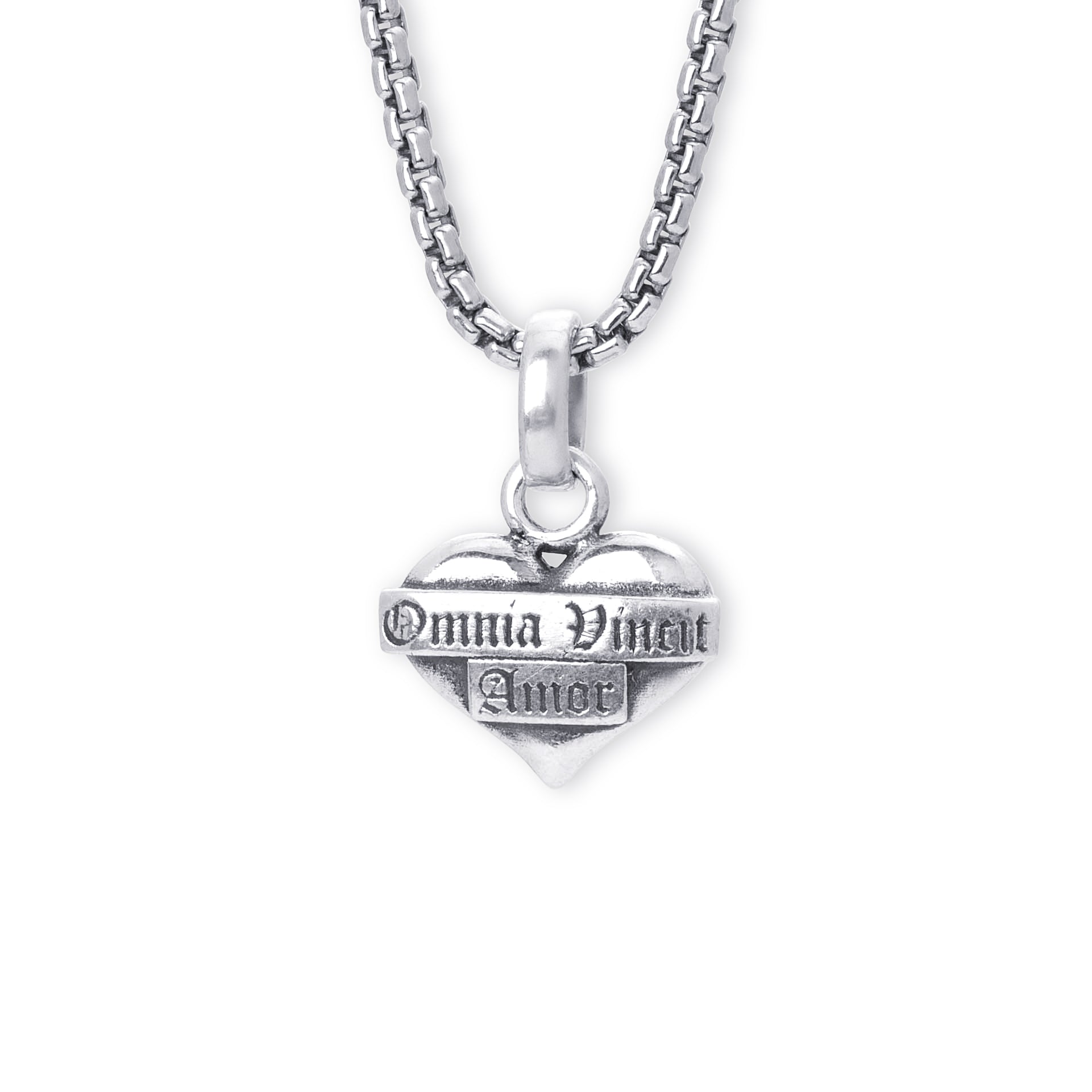 Small Omnia Vincit Amor Heart Sterling Silver Pendant - 11mm