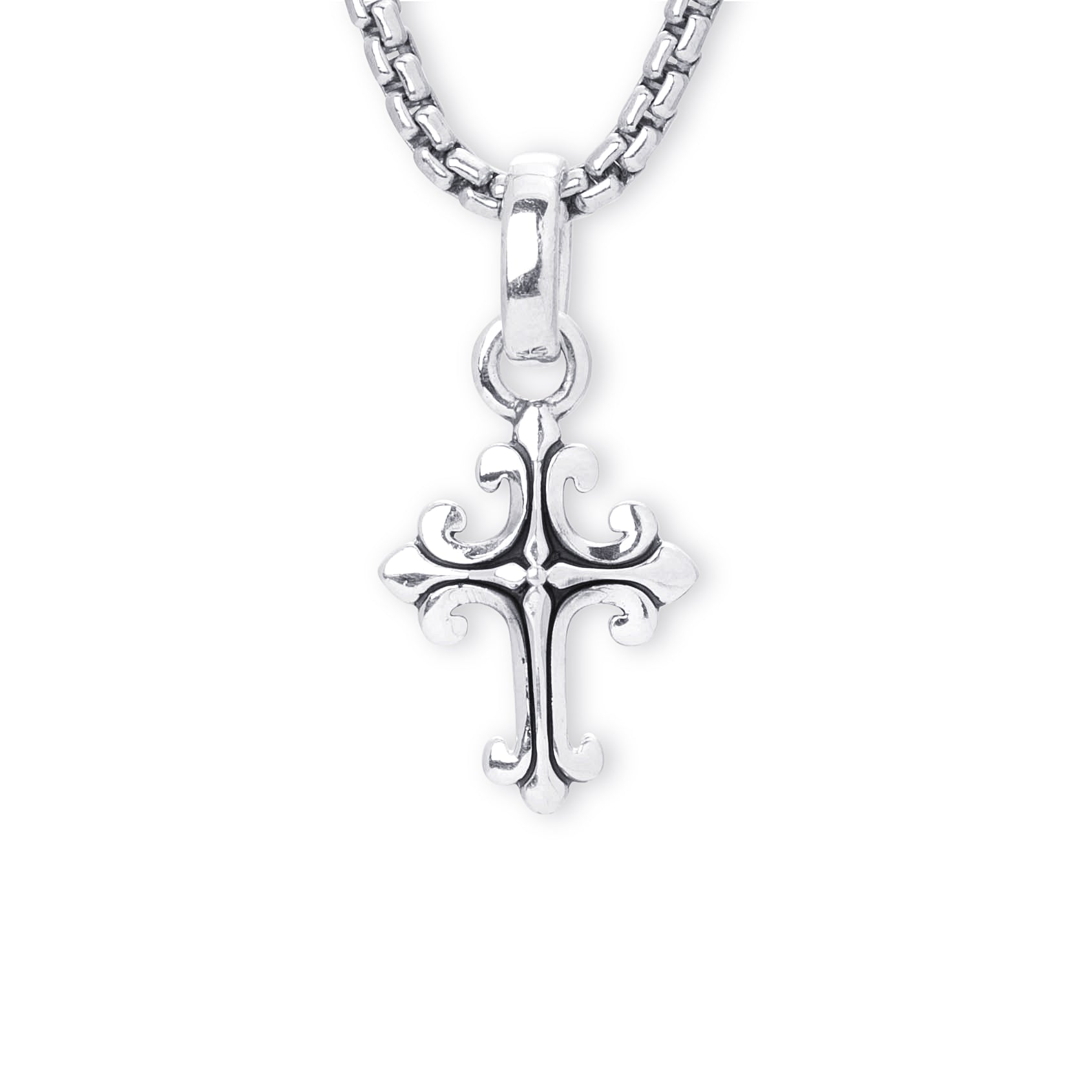 A silver cross pendant necklace with an ornate, scrollwork design, hanging from a matching silver box chain against a plain white background.