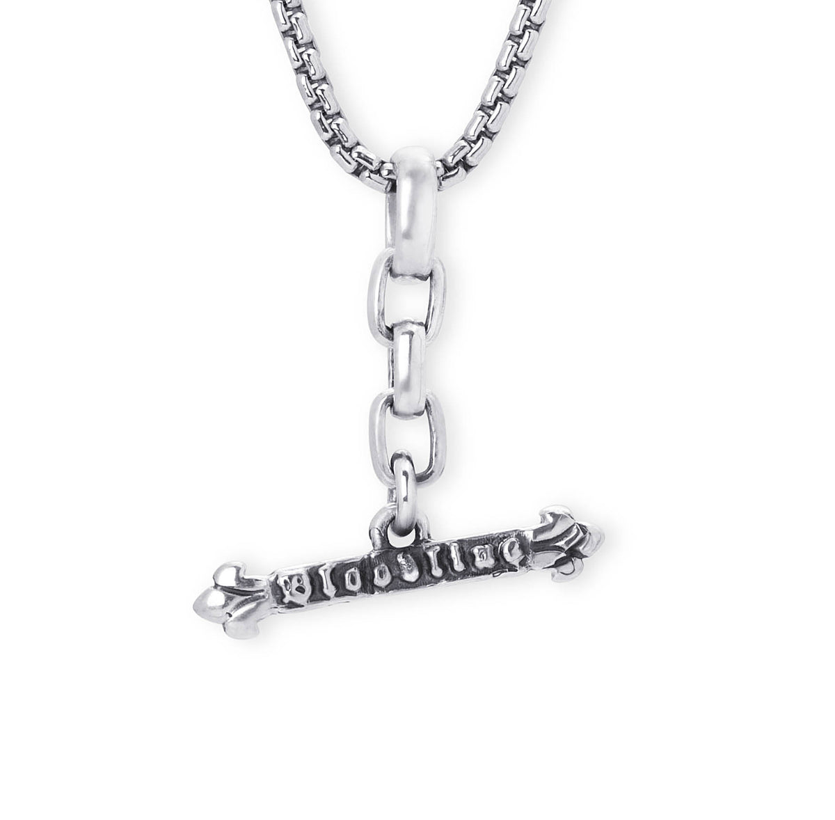 A silver-toned metal pendant necklace featuring a horizontal bar engraved with the word 'BLOODLINE' and decorative claw-like ends, suspended from a box chain on a plain white background.