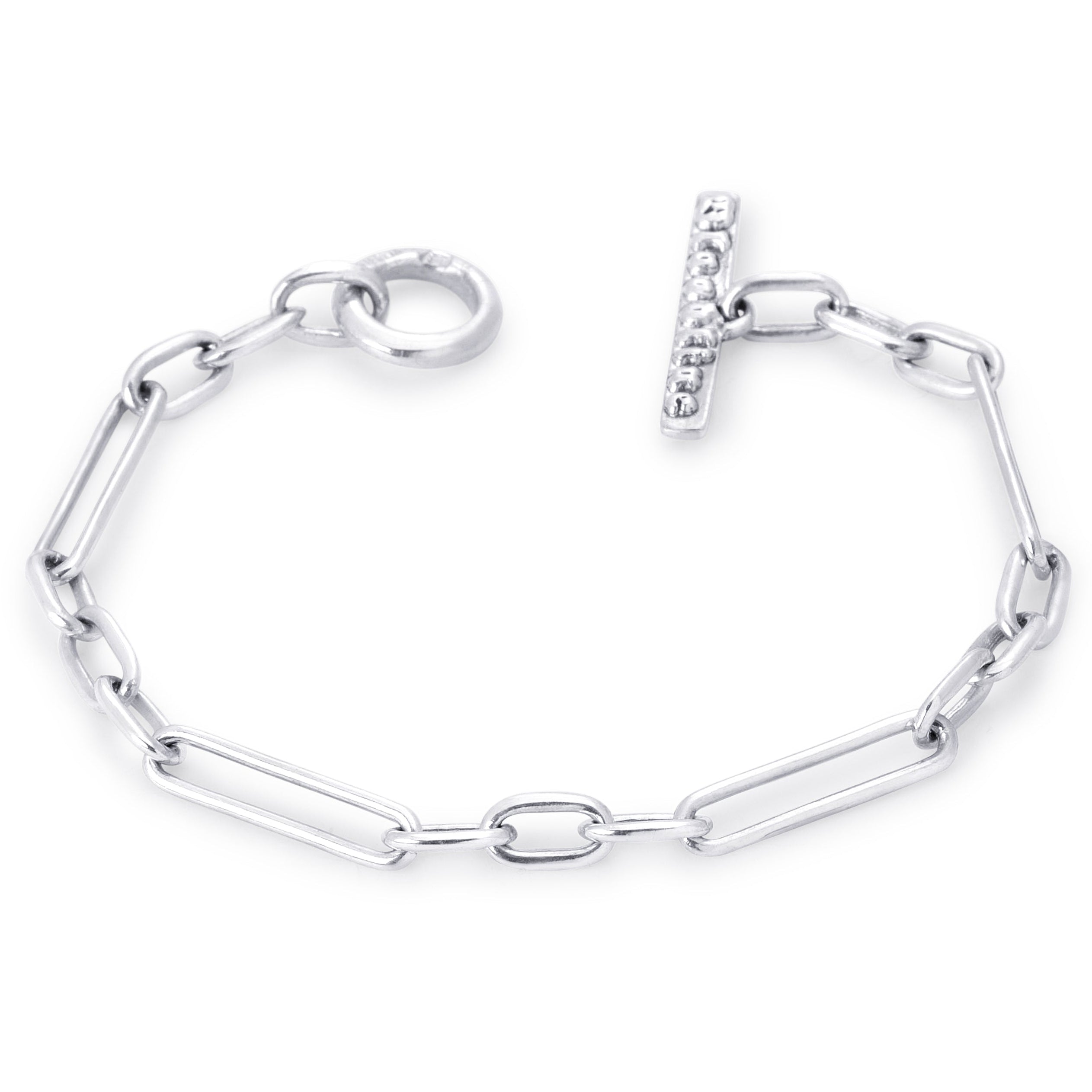 A silver paperclip chain bracelet with a toggle clasp displayed on a clean white background.