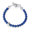 Lapis Lazuli beads paired with a single sterling silver bead engraved with a heart star and skull on a stainless steel cable with Sterling silver T clasp.