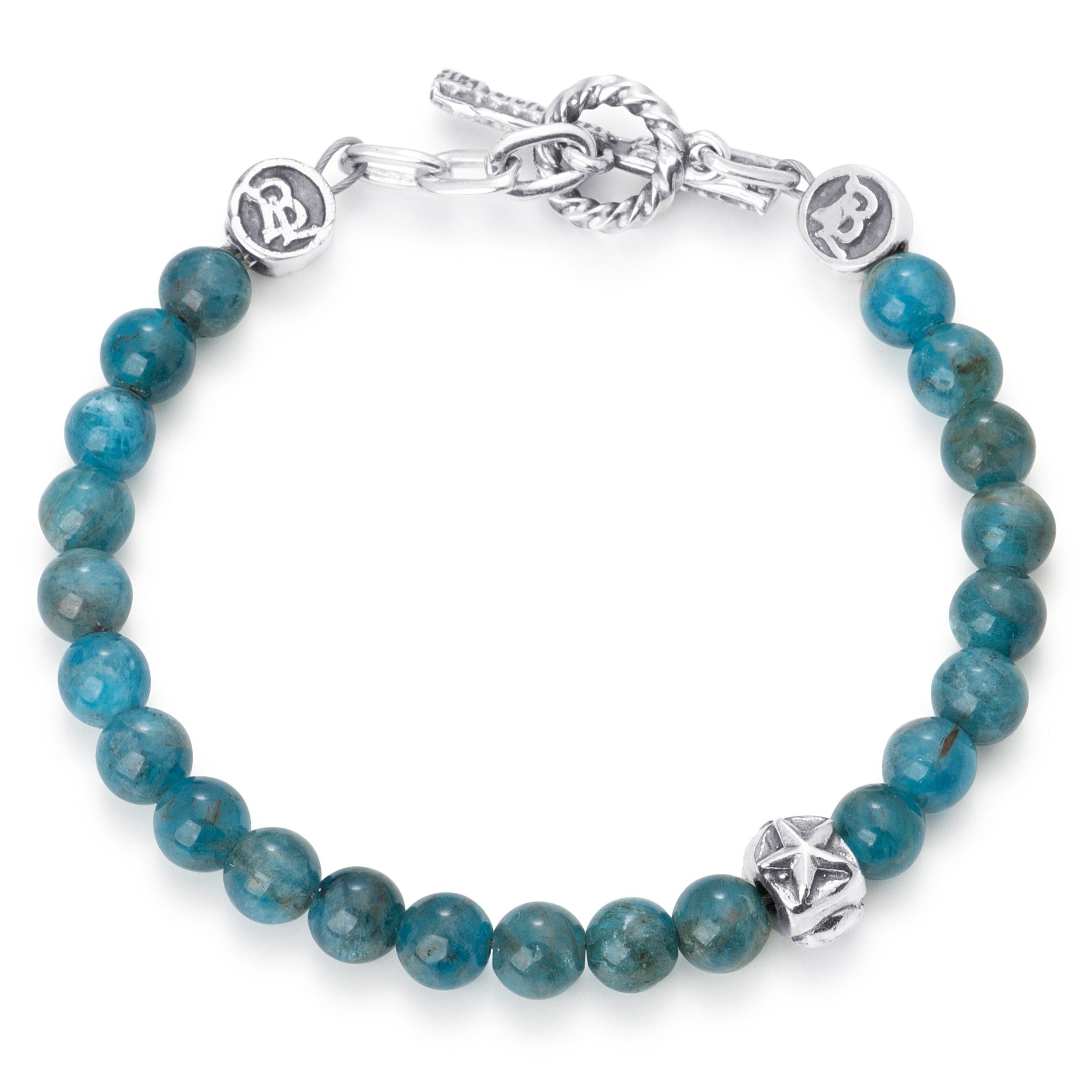 Apatite Beads paired with a single sterling silver bead engraved with a heart star and skull on a stainless steel cable with Sterling silver T clasp.