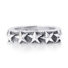 Solid sterling silver band with five stars exposed on the top. Pitting surrounds the stars on the top. Side view of the Ring