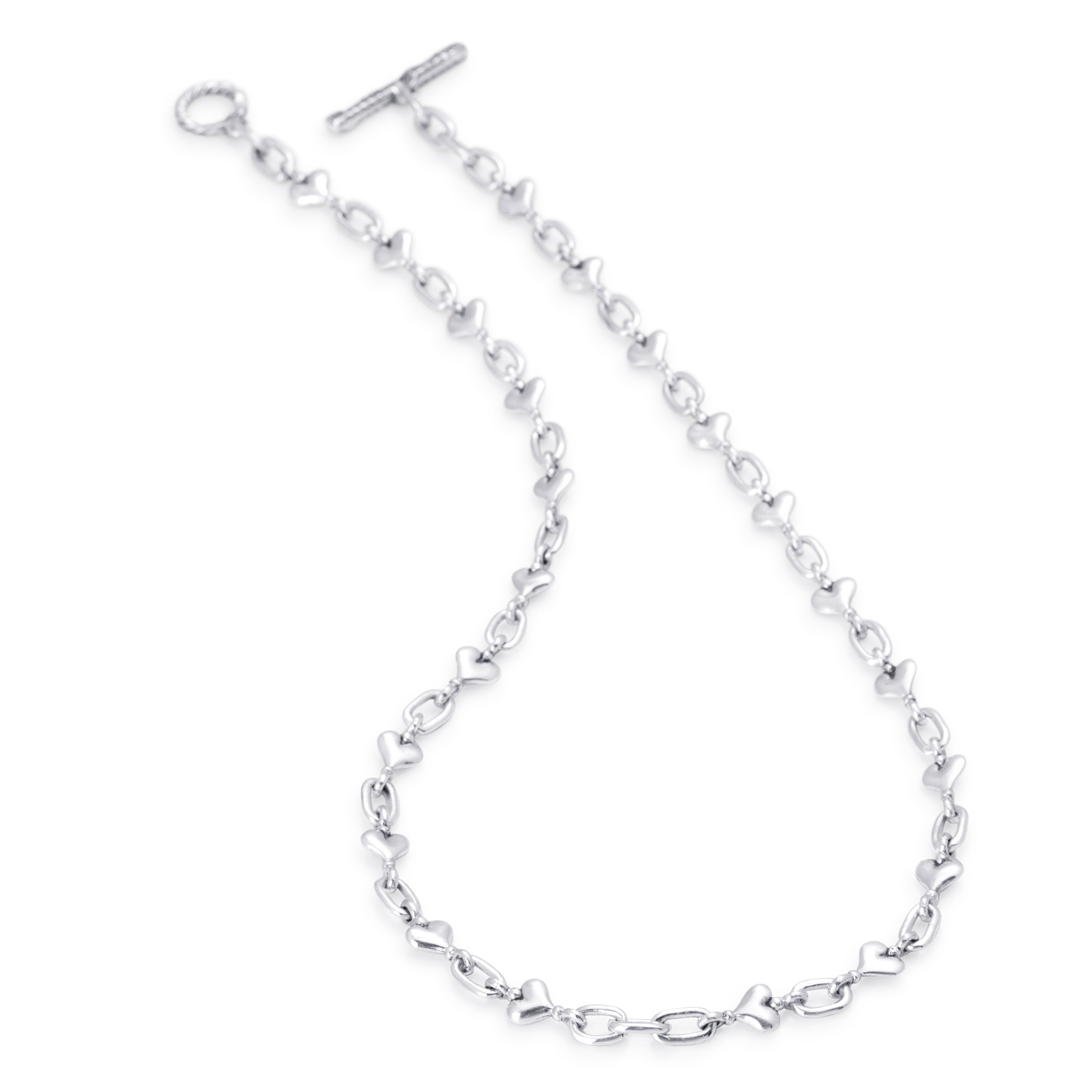 Solid Sterling Silver small heart links joined with classic open links, T-toggle clasp 