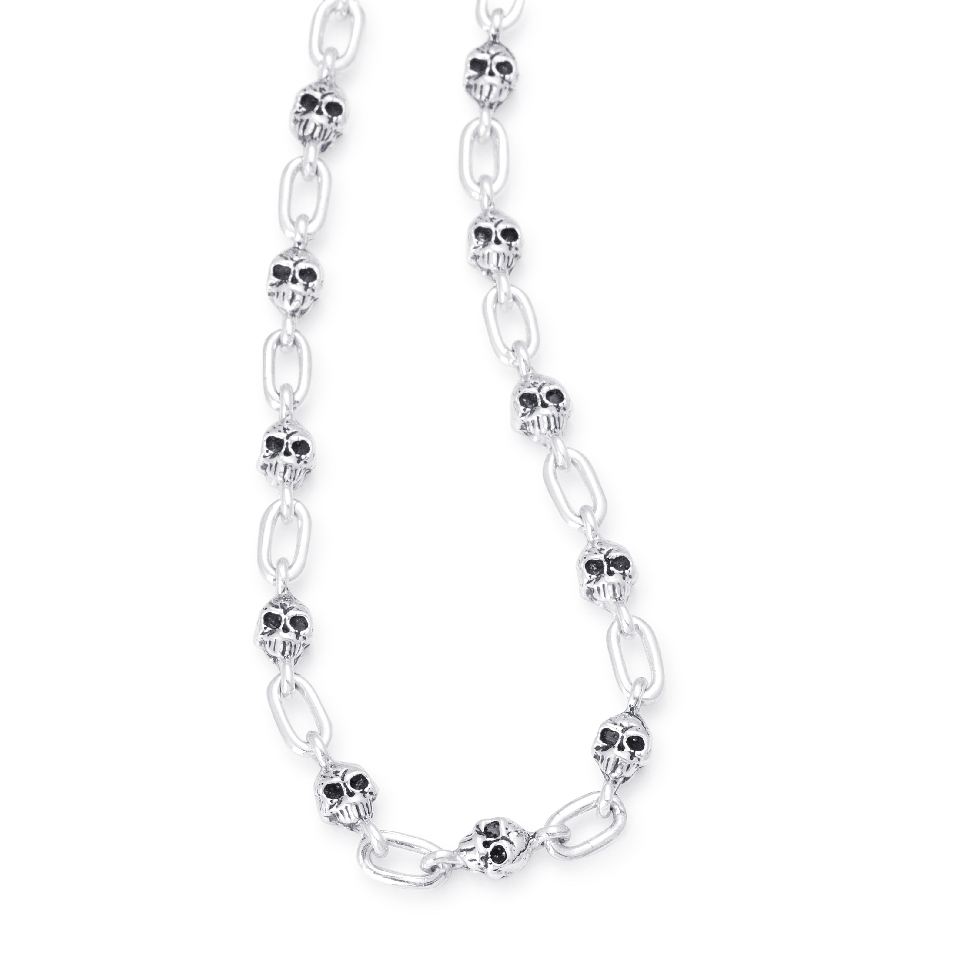 Solid Sterling Silver petite skull links joined with classic open links, T-toggle clasp 