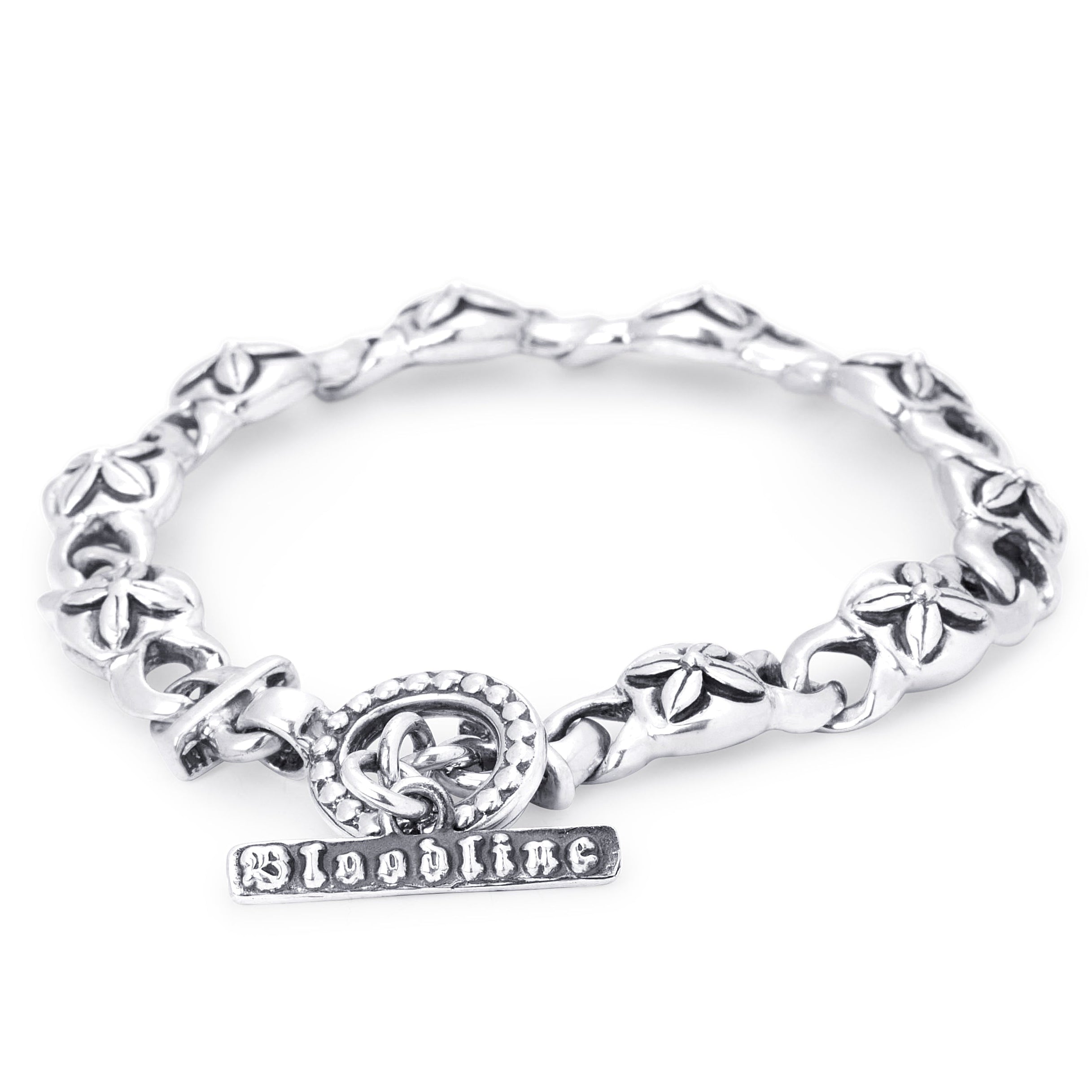 Antique Floral Square Curb Sterling Silver Bracelet on white background - Bloodline Design