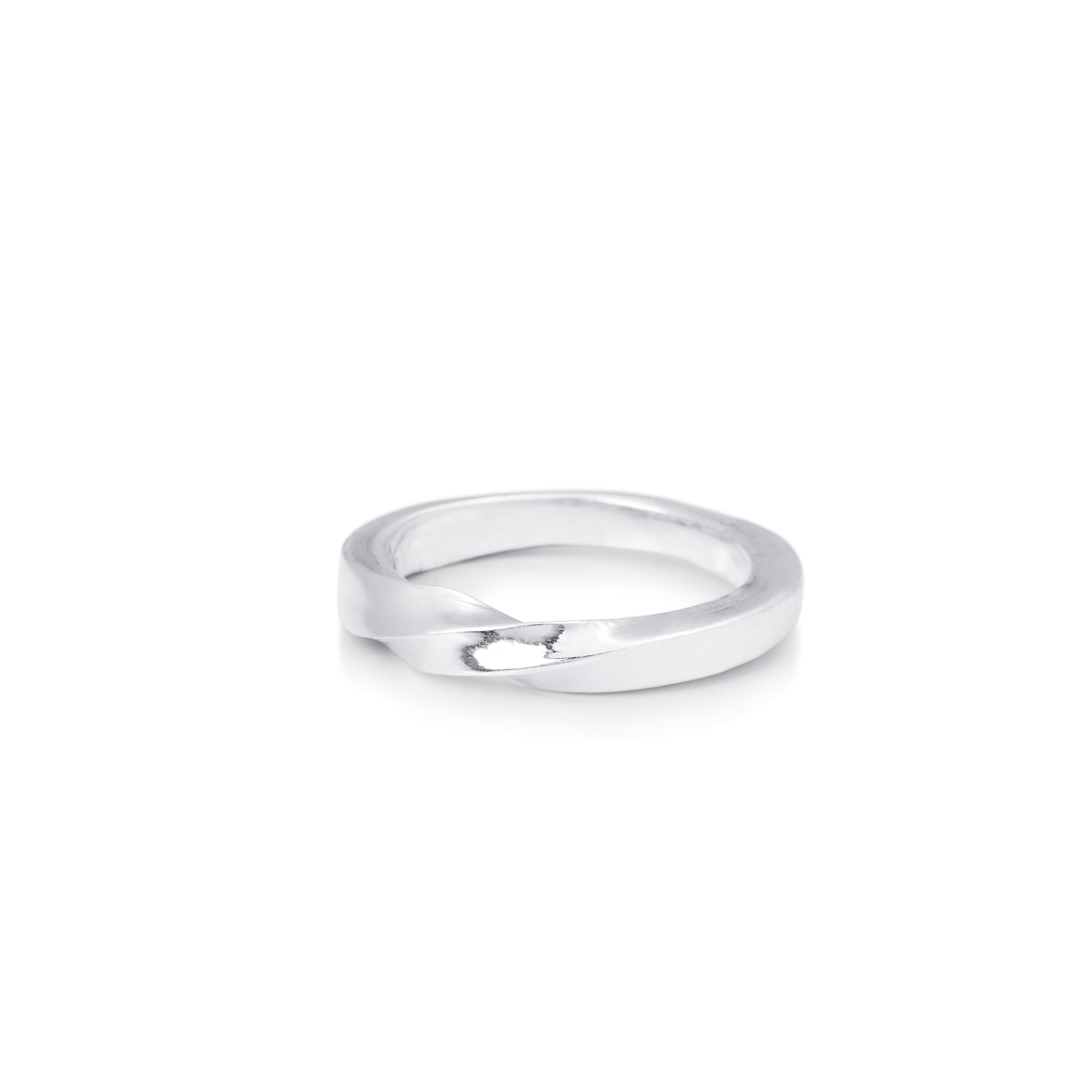 Small sterling silver band with a twist in the centre adding a unique quality