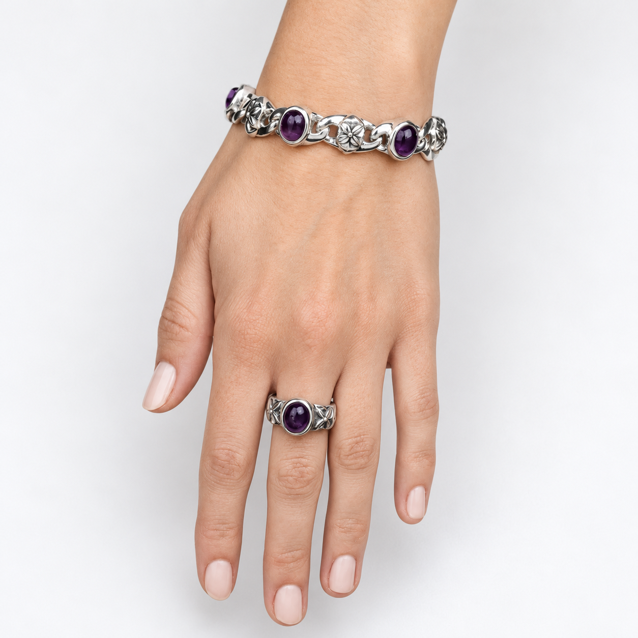 women's antique floral gemstone sterling silver bracelet worn on wrist