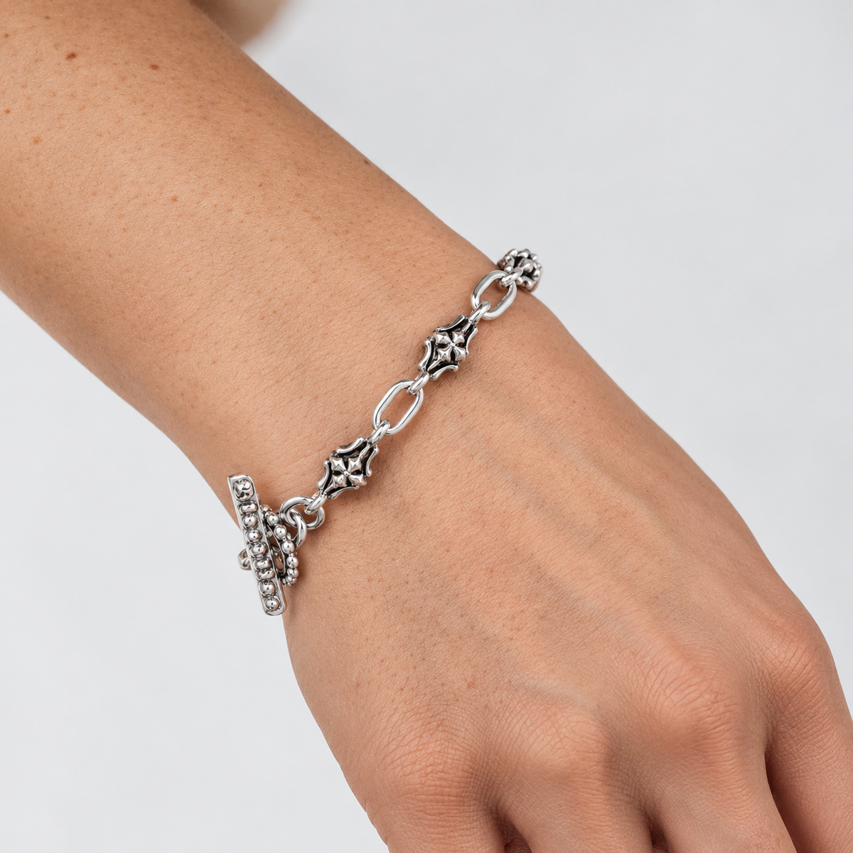 women's Barcelona chain link sterling silver bracelet worn on wrist
