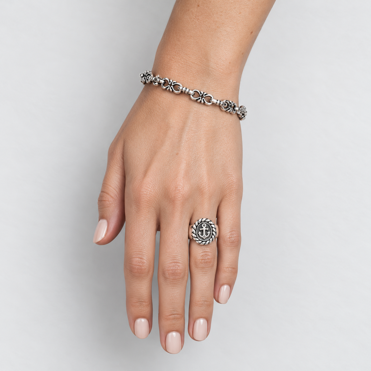 women's sterling silver Spanish anchor chain link bracelet worn on wrist