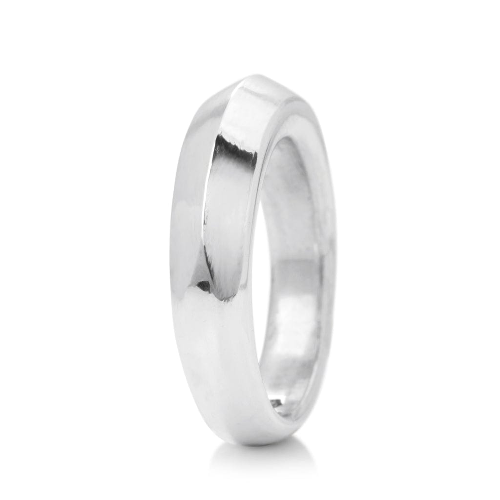 Solid Sterling Silver ring rising around the equator to make an edge, side view