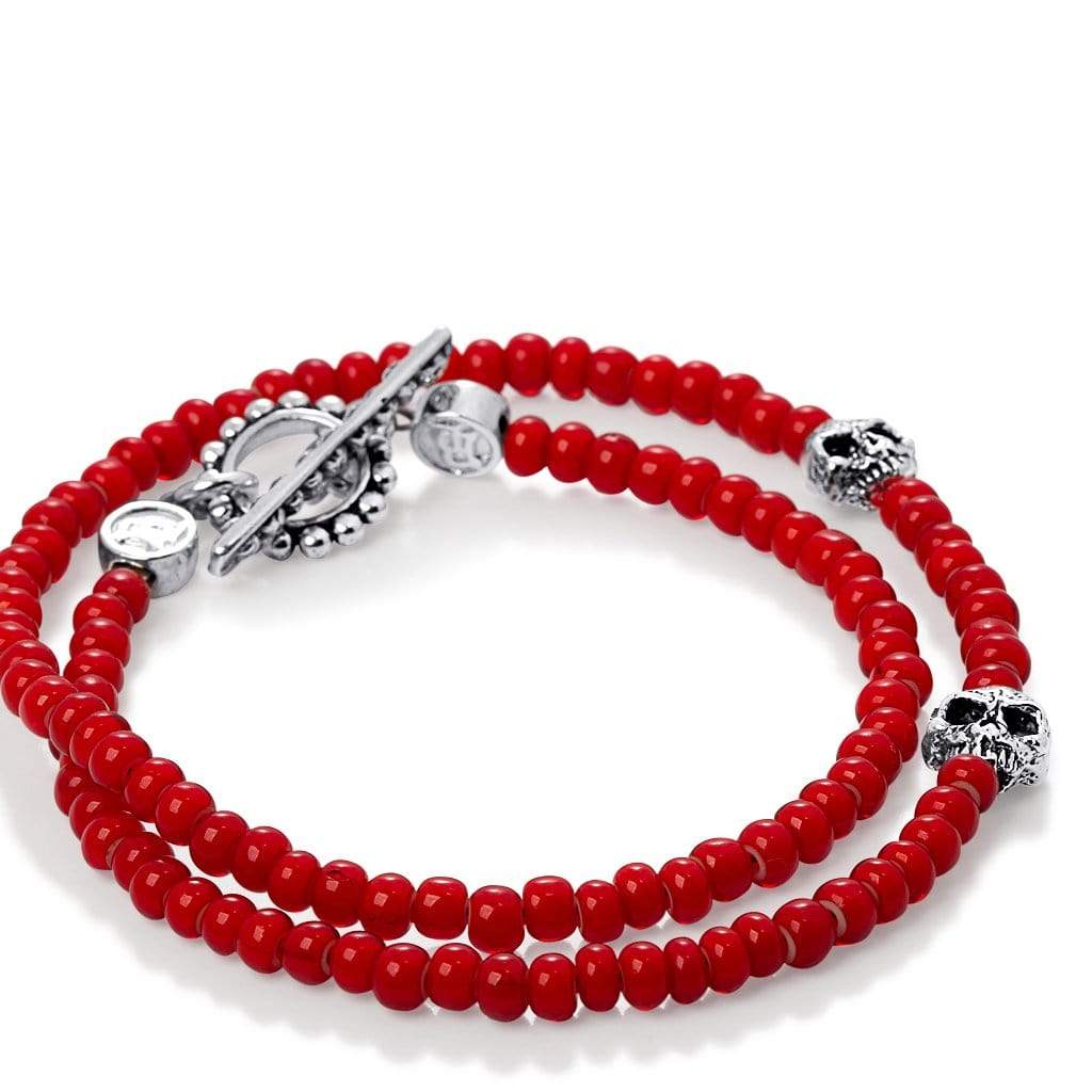 Bloodline Design Mens Bracelets S / red trading beads Double Wrap Double Skull Bracelet